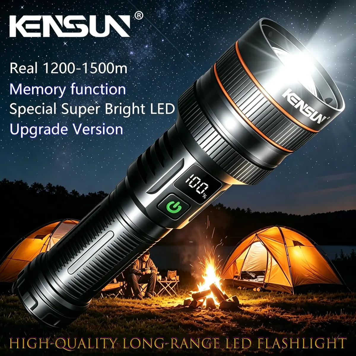 Lanterna LED Poderosa KENSUN com Zoom Variável, Tocha de Camping, Luz Tática de Alta Potência para Uso Externo, Bateria 26650
