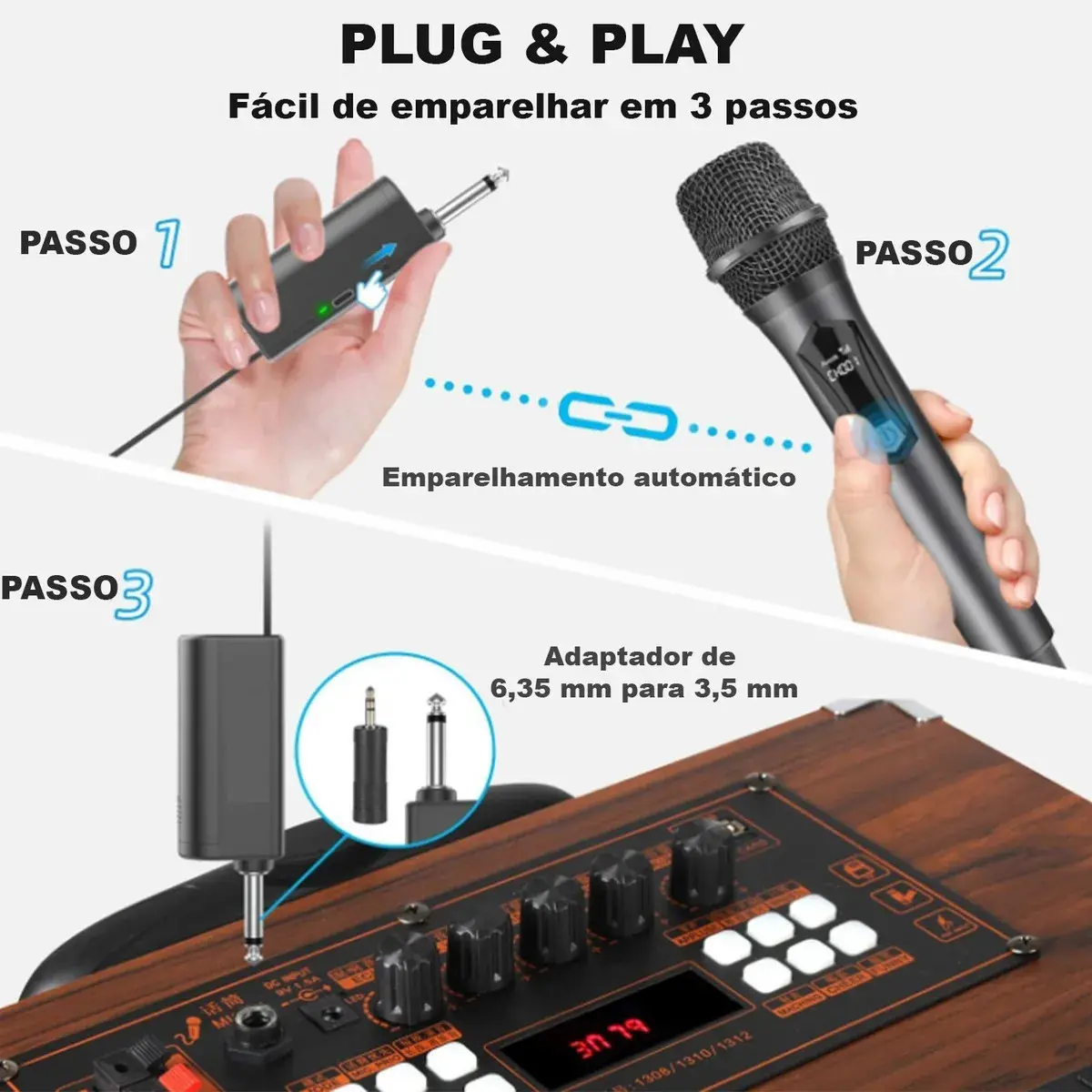 Kit 2 Microfone Sem Fio Recarregável Profissional Dinâmico Preto thumbnail 4