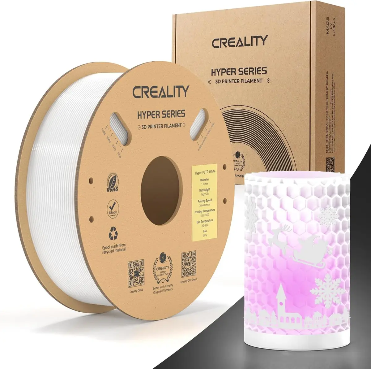 Creality Hyper PETG 1,75 mm Filamento, Filamento para Impressora 3D de Alta Velocidade 600 mm/s PETG, 1 kg (2,2 lb)/Carretel, Precisão Dimensional ± 0,05 mm (Branco)