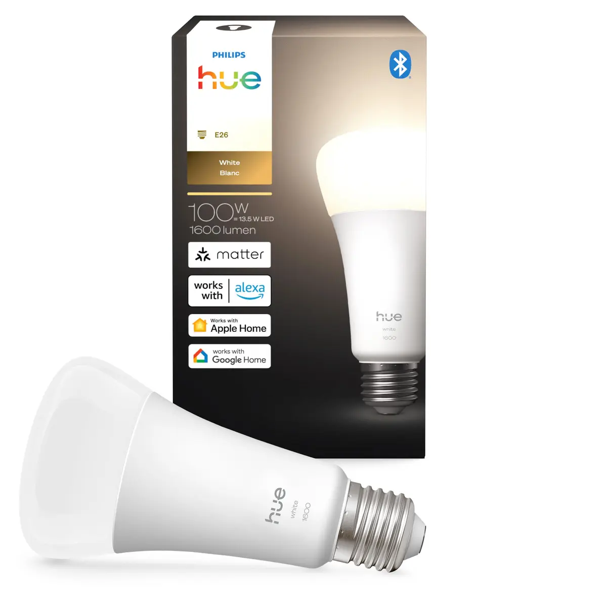 Philips Hue - Lâmpada LED inteligente A21, branco quente 2700K, base E26, 13,5 W, 1600 lúmens, regulável, funciona com Alexa, Google Assistant e Apple Home, 1 pacote