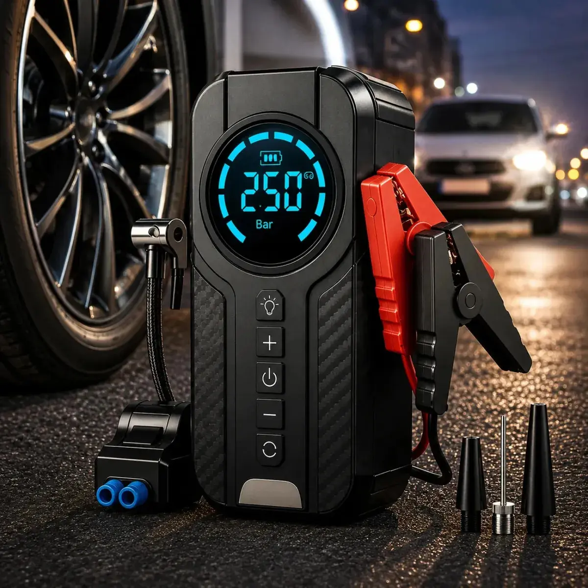 Auxiliar De Partida Bateria Com Compressor De Ar 150 Psi Calibrador Digital De Pneu 12V 4 Em 1 Recarregável Bivolt Inflador Mangueira Para Carro Caminhonete SUV Pickup Emergência Automotiva MidiaFone - 1