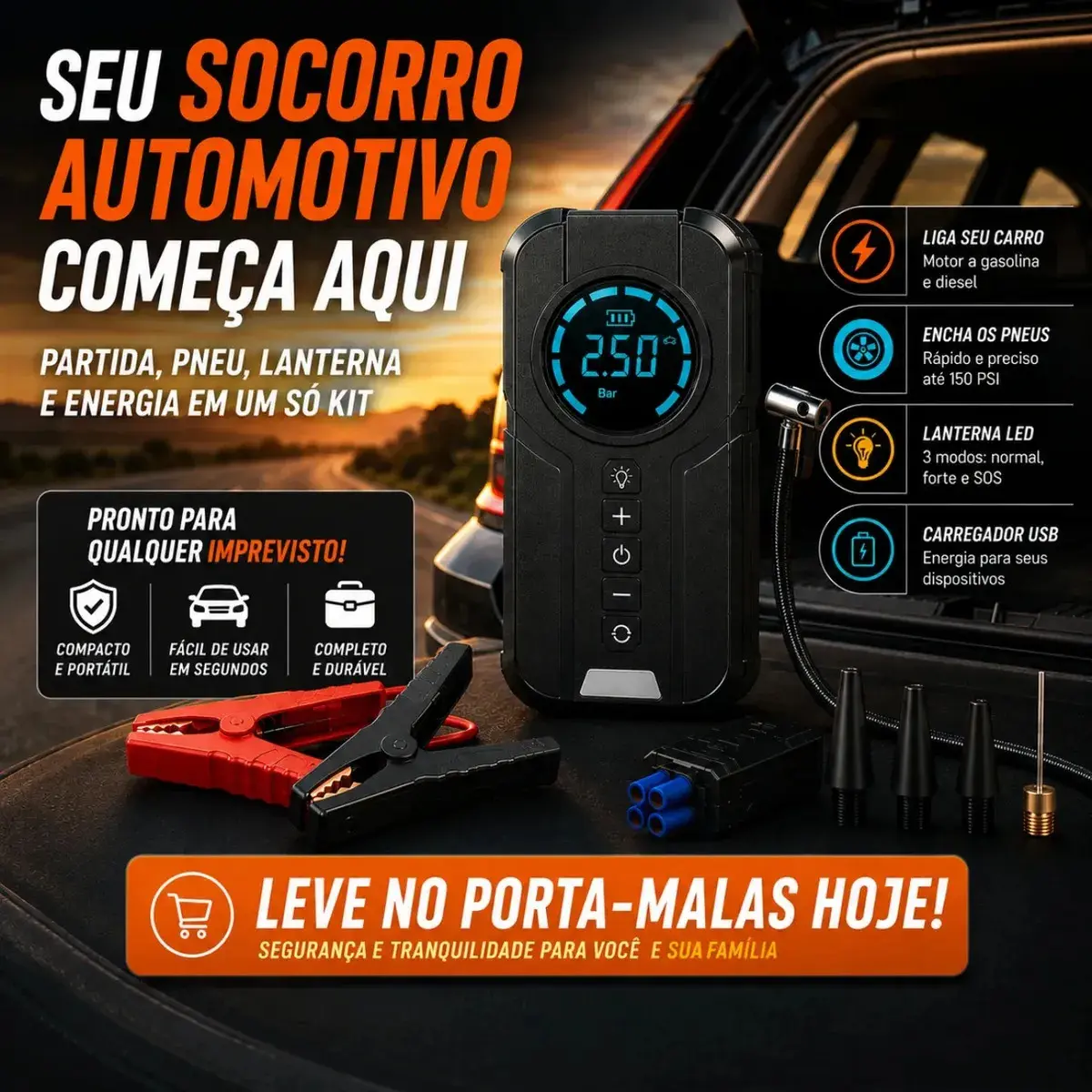 Auxiliar De Partida Bateria Com Compressor De Ar 150 Psi Calibrador Digital De Pneu 12V 4 Em 1 Recarregável Bivolt Inflador Mangueira Para Carro Caminhonete SUV Pickup Emergência Automotiva MidiaFone thumbnail 4