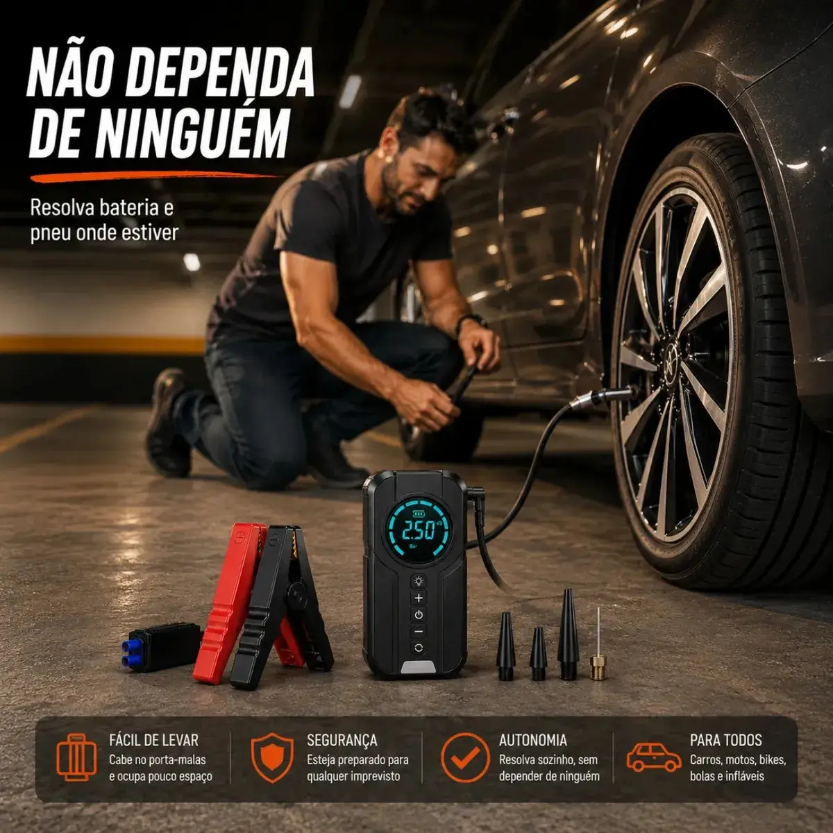 Auxiliar De Partida Bateria Com Compressor De Ar 150 Psi Calibrador Digital De Pneu 12V 4 Em 1 Recarregável Bivolt Inflador Mangueira Para Carro Caminhonete SUV Pickup Emergência Automotiva MidiaFone thumbnail 6