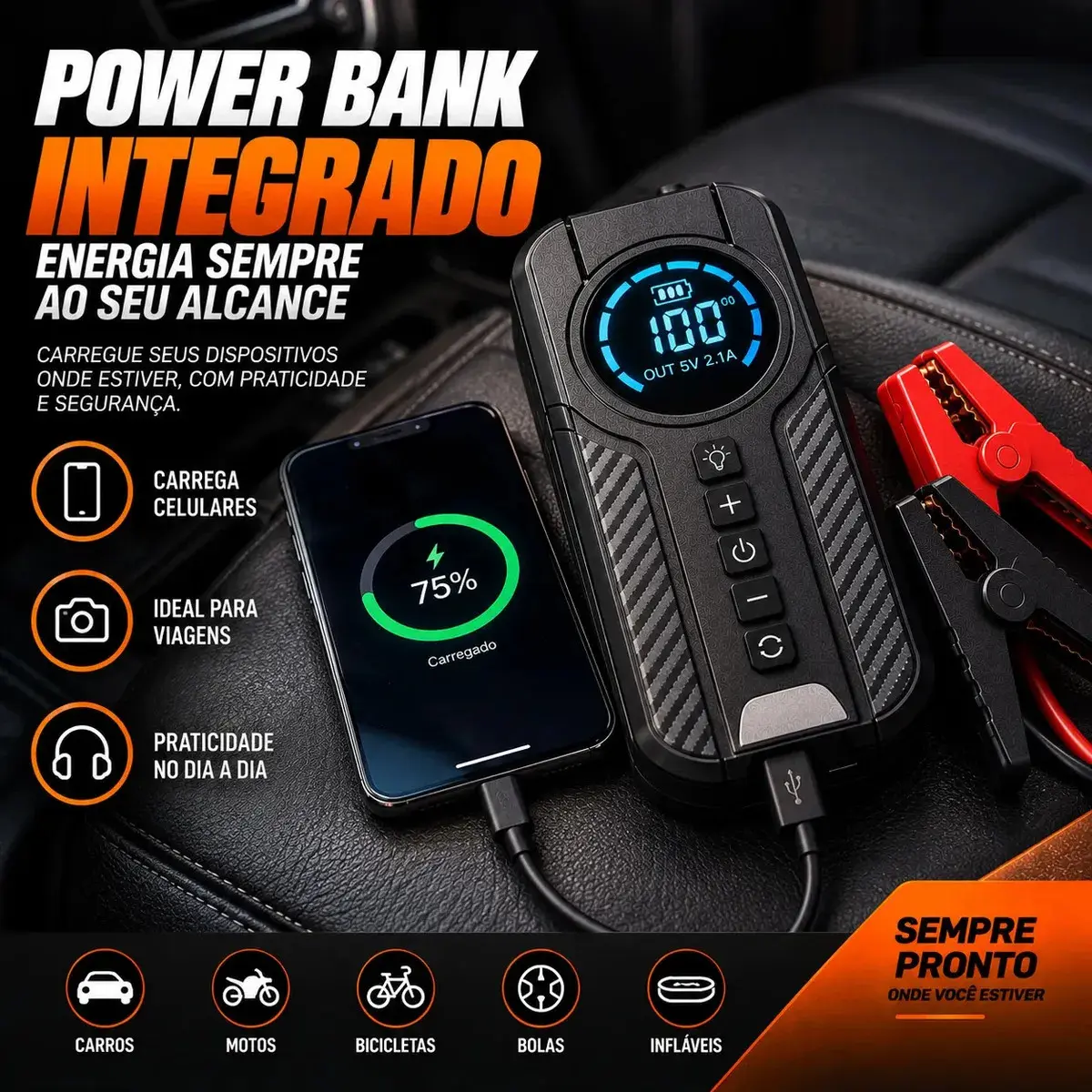 Auxiliar De Partida Bateria Com Compressor De Ar 150 Psi Calibrador Digital De Pneu 12V 4 Em 1 Recarregável Bivolt Inflador Mangueira Para Carro Caminhonete SUV Pickup Emergência Automotiva MidiaFone thumbnail 8