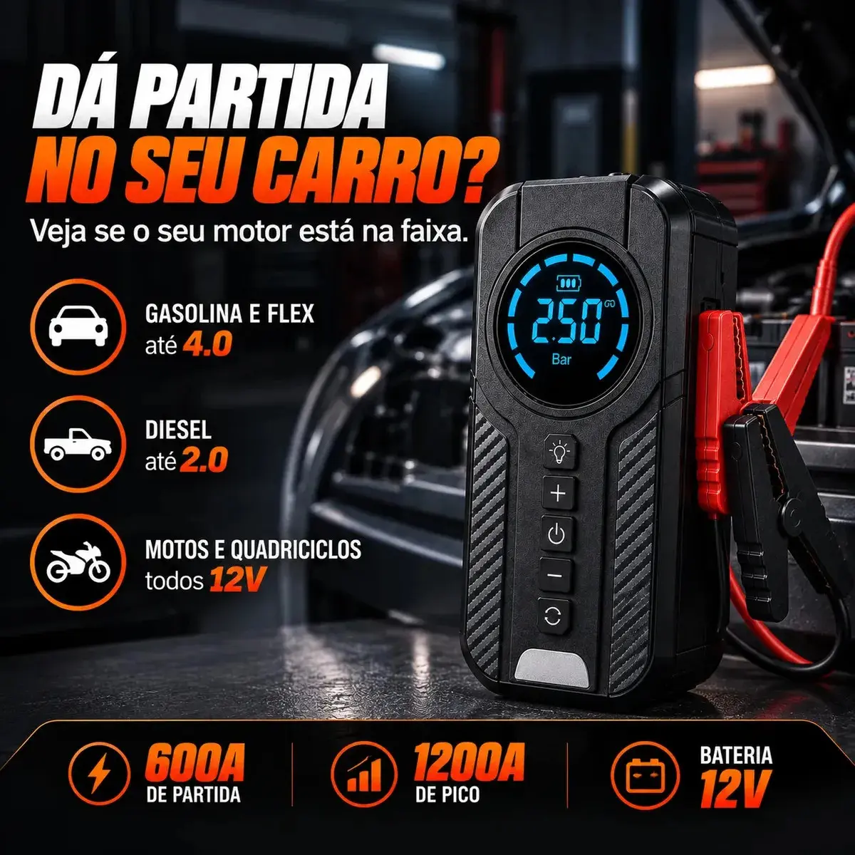 Auxiliar De Partida Bateria Com Compressor De Ar 150 Psi Calibrador Digital De Pneu 12V 4 Em 1 Recarregável Bivolt Inflador Mangueira Para Carro Caminhonete SUV Pickup Emergência Automotiva MidiaFone thumbnail 9