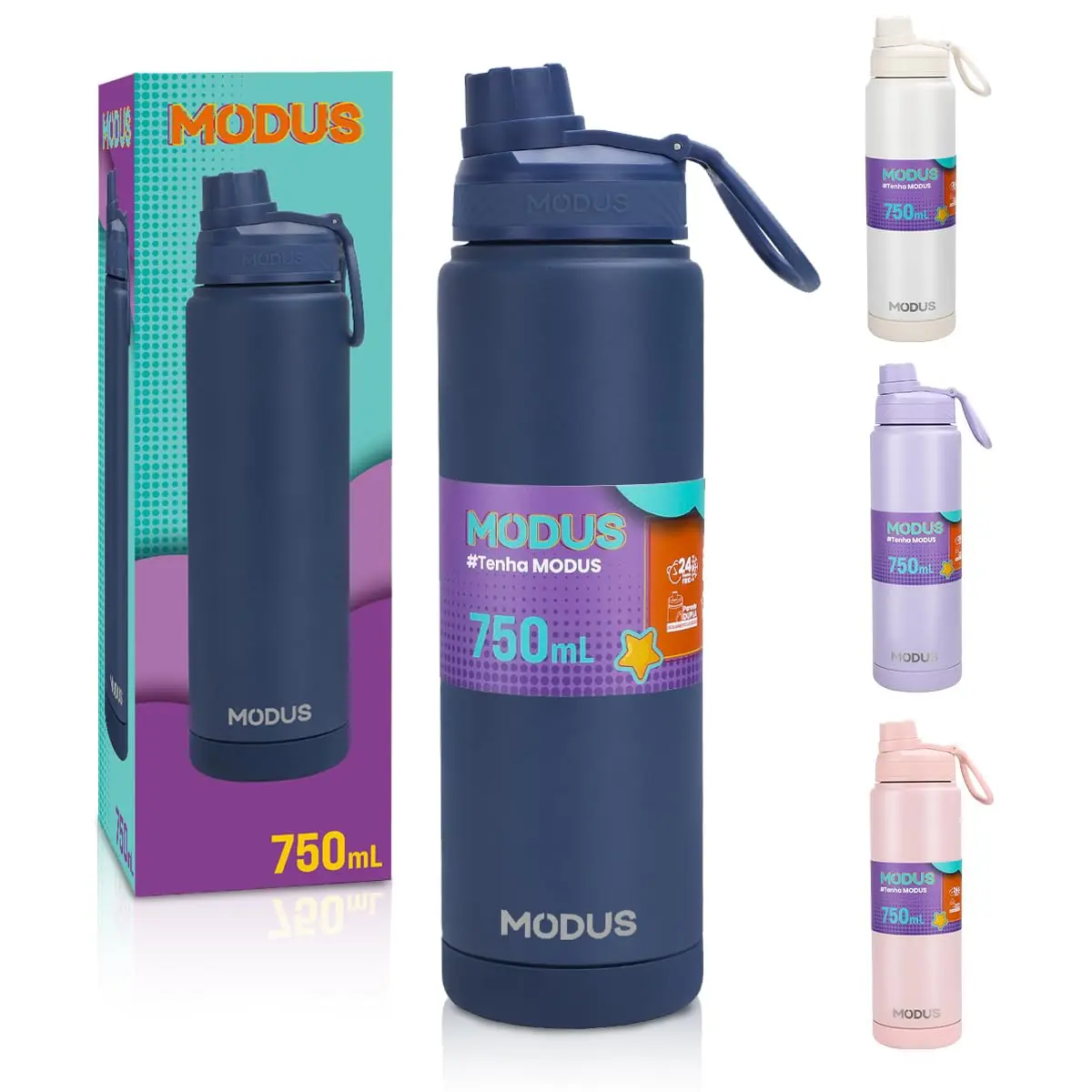 MODUS 750mL Garrafa de Água Térmica Inox Isolada a Vácuo | com Base Emborrachada Anti Derrapante, Adesivo (Azul) - 1