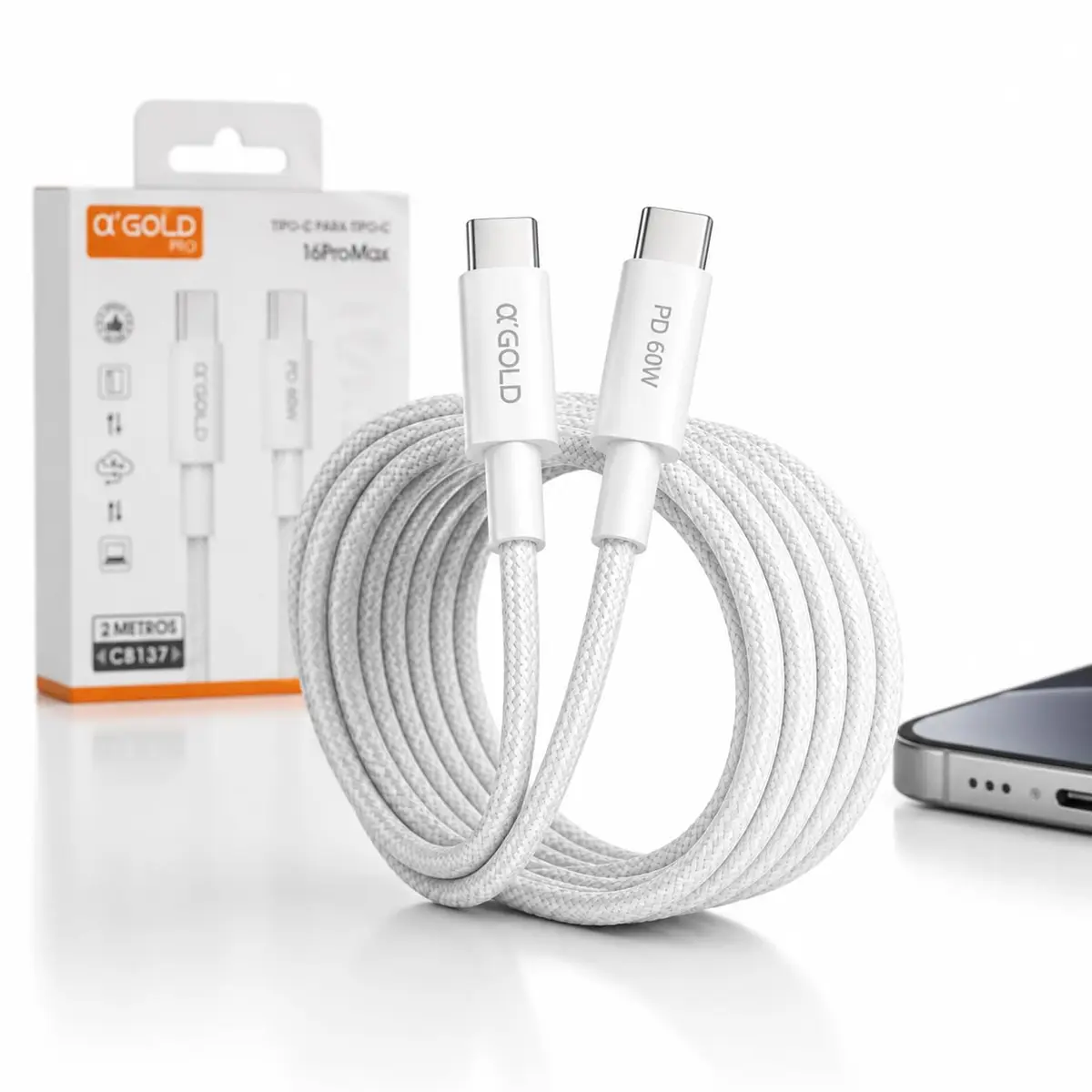 Cabo USB-C para USB-C 2 Metros 60W, Carregamento Rápido Turbo PD, Cabo Tipo-C Nylon Trançado Reforçado para iPhone 15/16, Samsung, Motorola, Xiaomi, iPad, MacBook e Notebook - 1