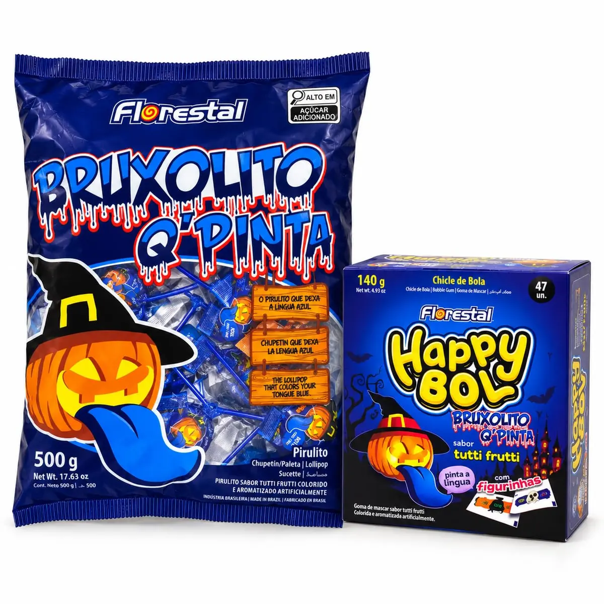 Kit Halloween Bruxolito Q'Pinta Tutti-Frutti Pirulito 500g + Chiclete 140g | Pinta a Língua de Azul, Sabor Tutti Frutti, 500g + 140g, Chiclete com Figurinhas, Ideal para Halloween