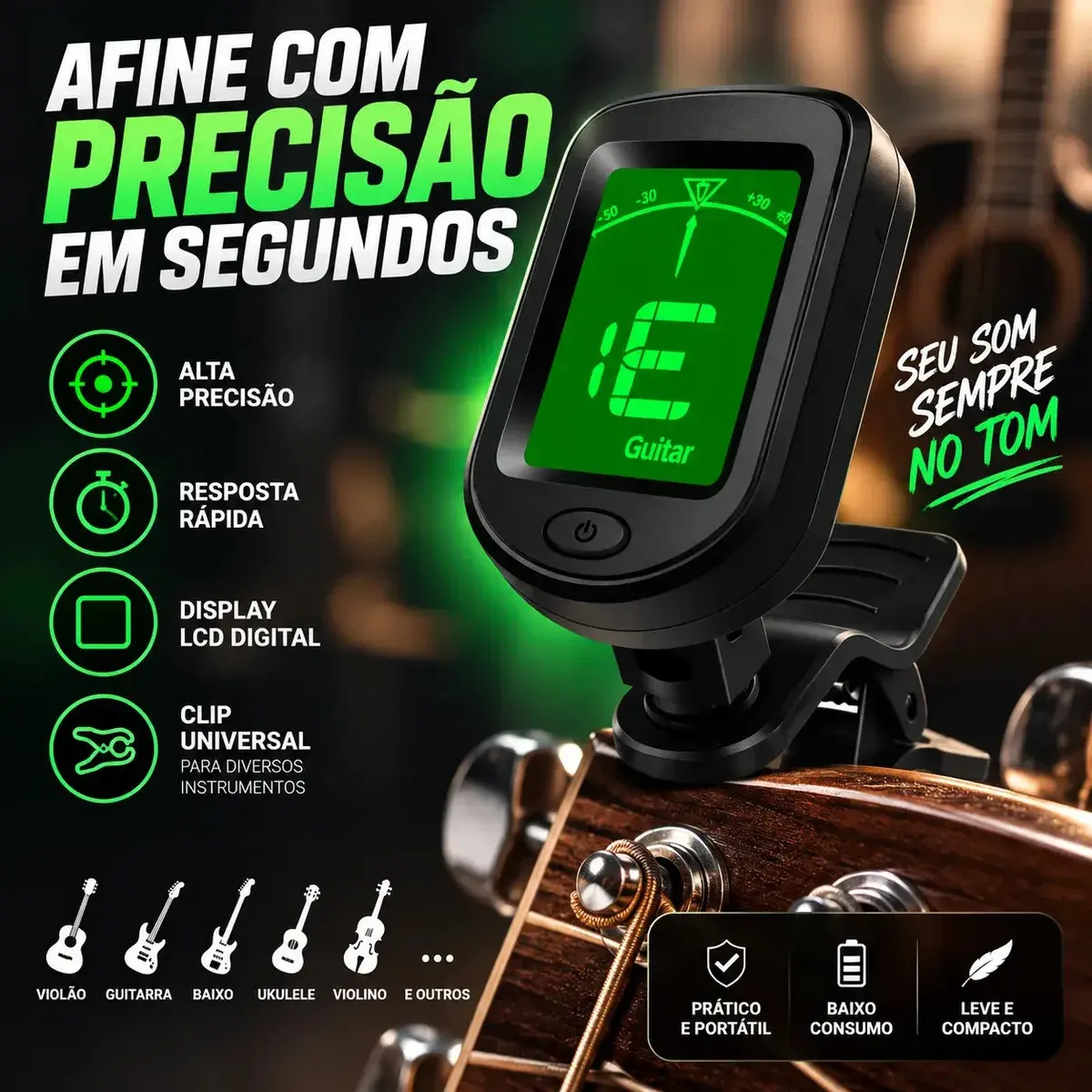 Afinador Digital Eletrico Violão Guitarra Baixo Ukulele Cor Preto