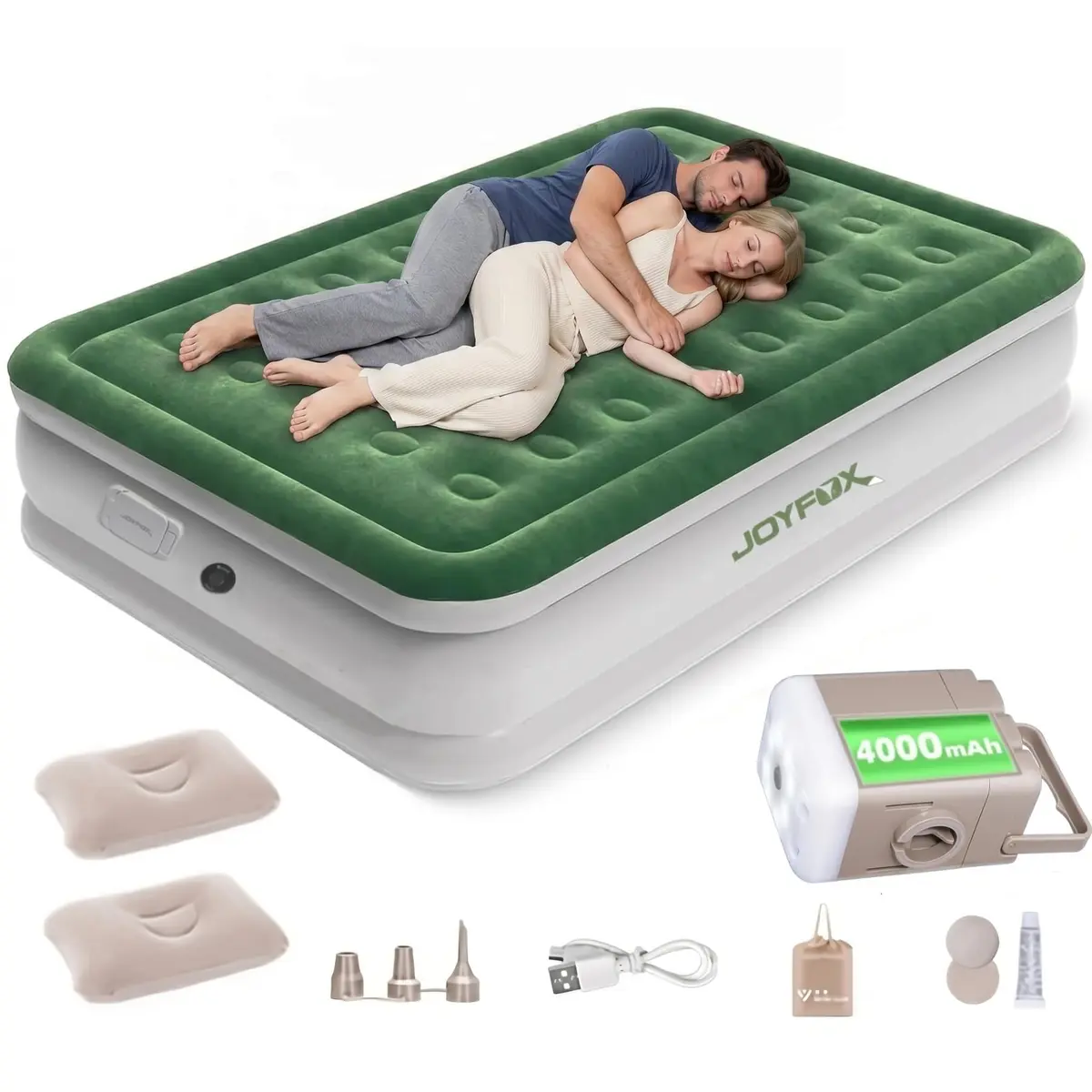 Joyfox Série Forest Colchão Inflável Casal com Bomba Elétrica Interna 110V/220V, Cama de Ar Premium 200x154x43cm, Verde e Branco