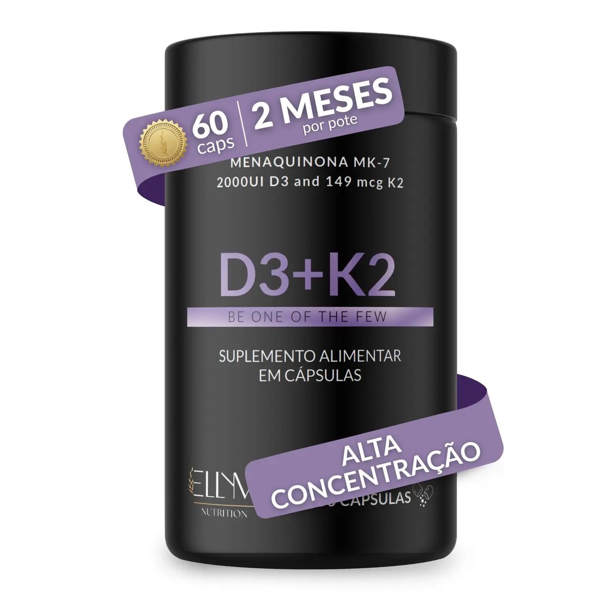 Vitamina D3 K2 MK7 Colecalciferol 2000UI 149mcg 60 Caps ELLYM NUTRITION | Menaquinona-7 60 doses 2 meses absorção cálcio fósforo manutenção ossos funcionamento muscular sistema imune coagulação