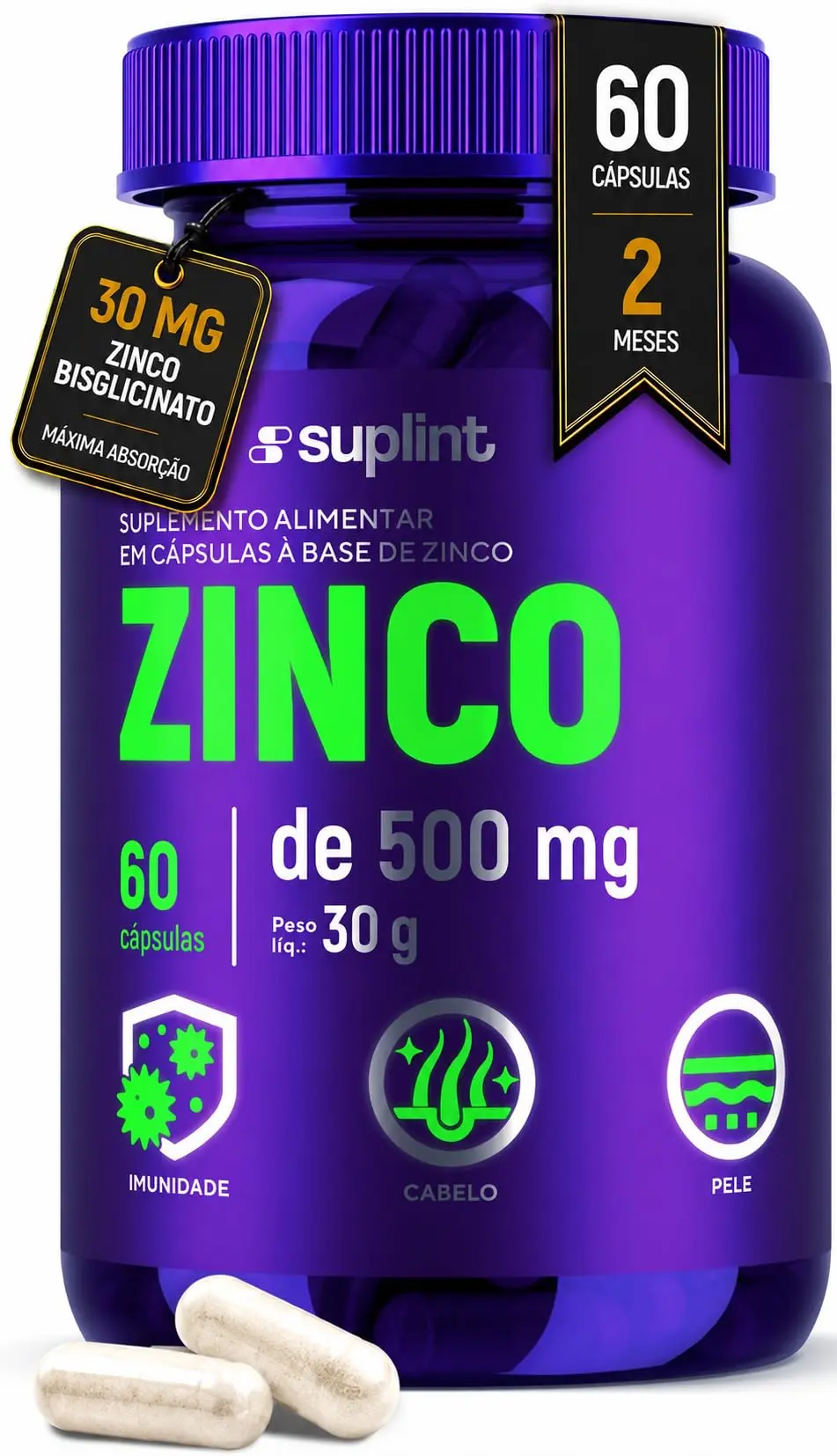 Zinco Quelato Bisglicinato 30 mg – Alto Teor de Zinco – Suplemento para Imunidade, Ossos, Cabelo e Pele – Sem Glúten, Sem OGM – 60 Cápsulas