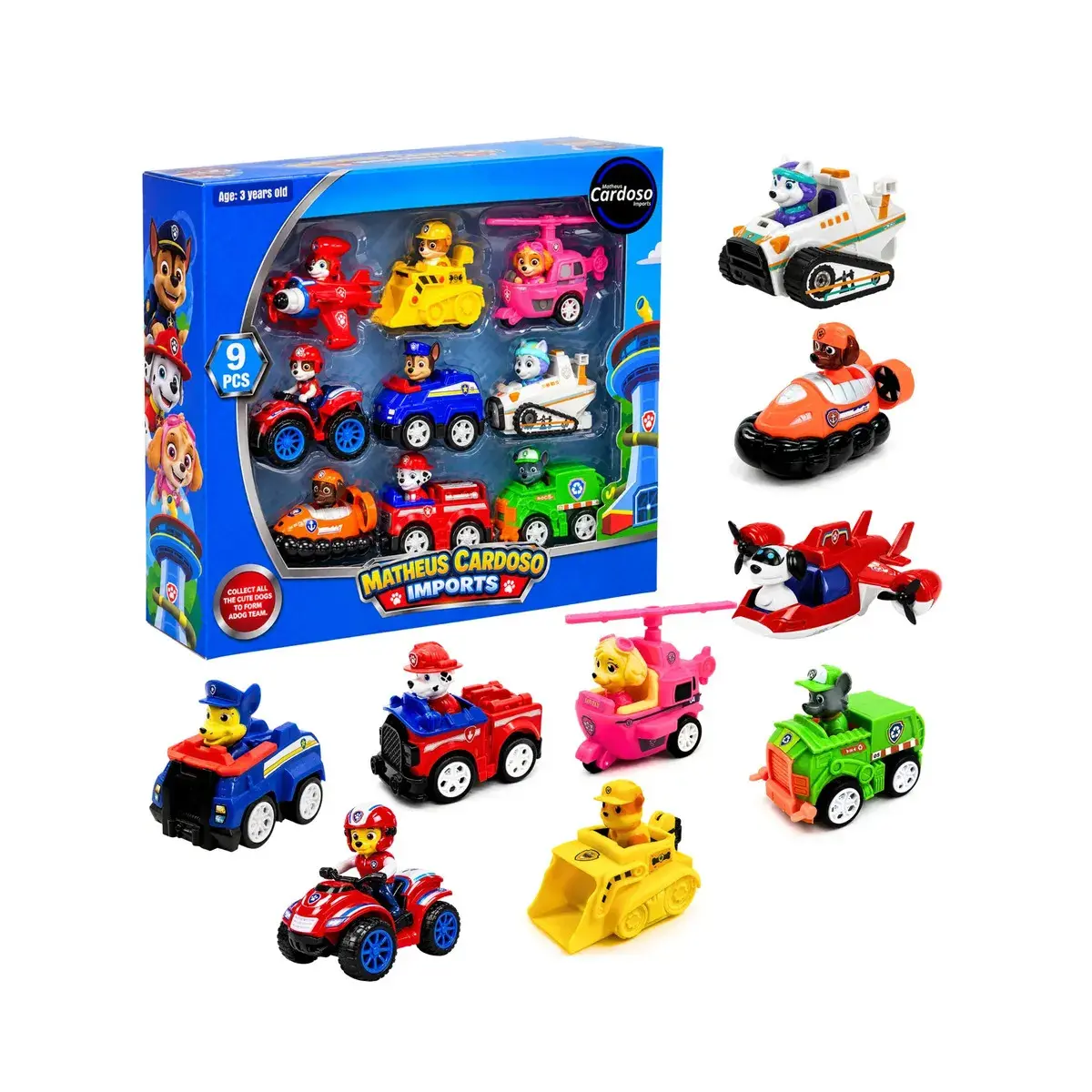 Kit 9 Carrinhos Patrulha Canina Fricção 9 Personagens Brinquedo Infantil Coleção Chase Marshall Skye Ryder Rubble Rocky Zuma Everest Robo Dog – Matheus Cardoso Imports - 1