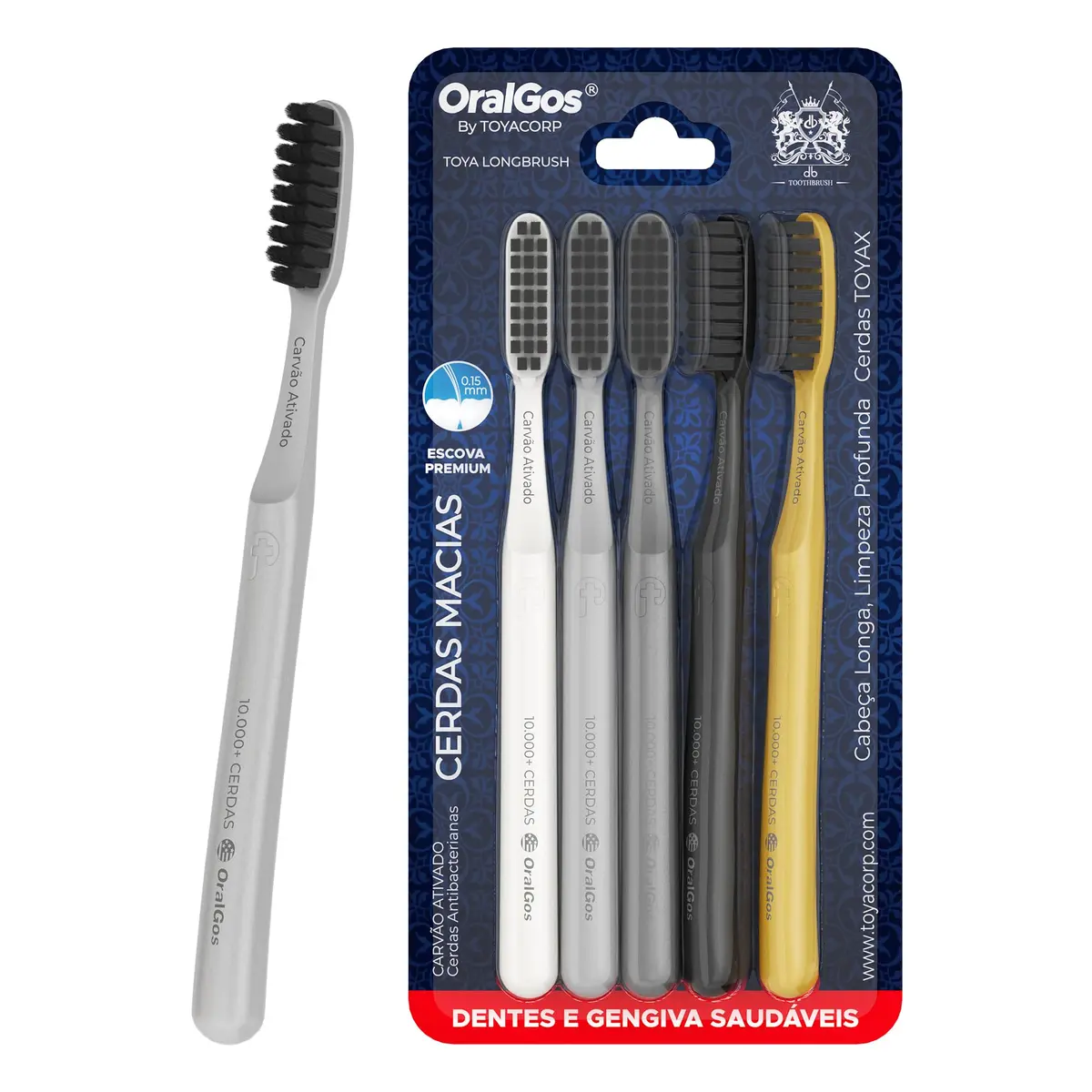 OralGos Escova de Dente Adulto, Cerdas de Carvão Ativo, Macia, 5 Unidades | Para Gengivas Sensíveis, Prática para Viagem e Uso Familiar, Cabeça Longa - 1