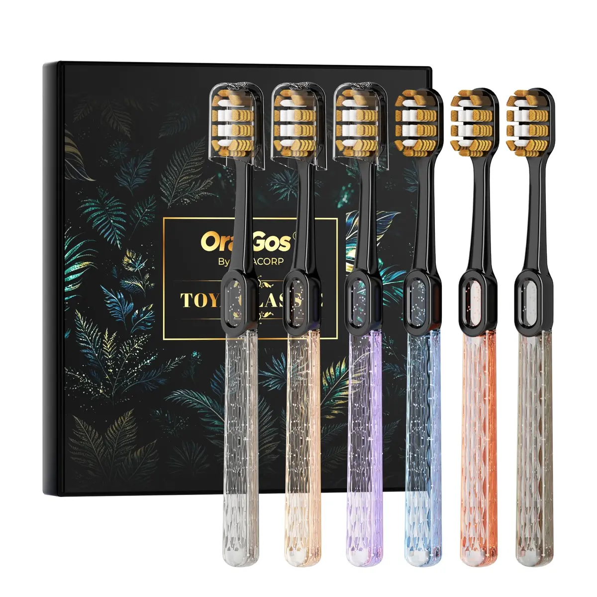 OralGos Escova de Dente Adulto Macia 6 Unidades (Preto) | Cerdas Densas, Tampa de Proteção, Cabo Confortável, Embalagem Individual, Cores Variadas