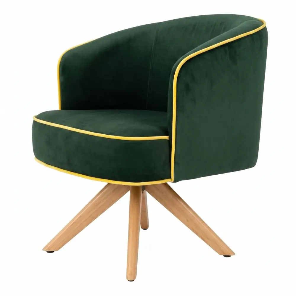 Poltrona Giratória Estofada para Sala Quarto e Escritório(Verde Veludo) | Base giratória em madeira, assento D28 e encosto D26 com pluma siliconada para sala, quarto, escritório ou recepção
