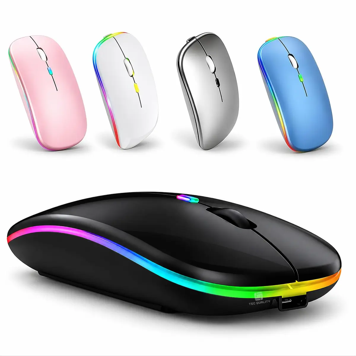 Mouse sem Fio Recarregável Tec Quality, Bluetooth e Receptor USB 2,4 GHz, Clique Silencioso, 3 Níveis de DPI, LED RGB, Fino e Leve, para Notebook, PC, Tablet e Celular (Preto Matte)