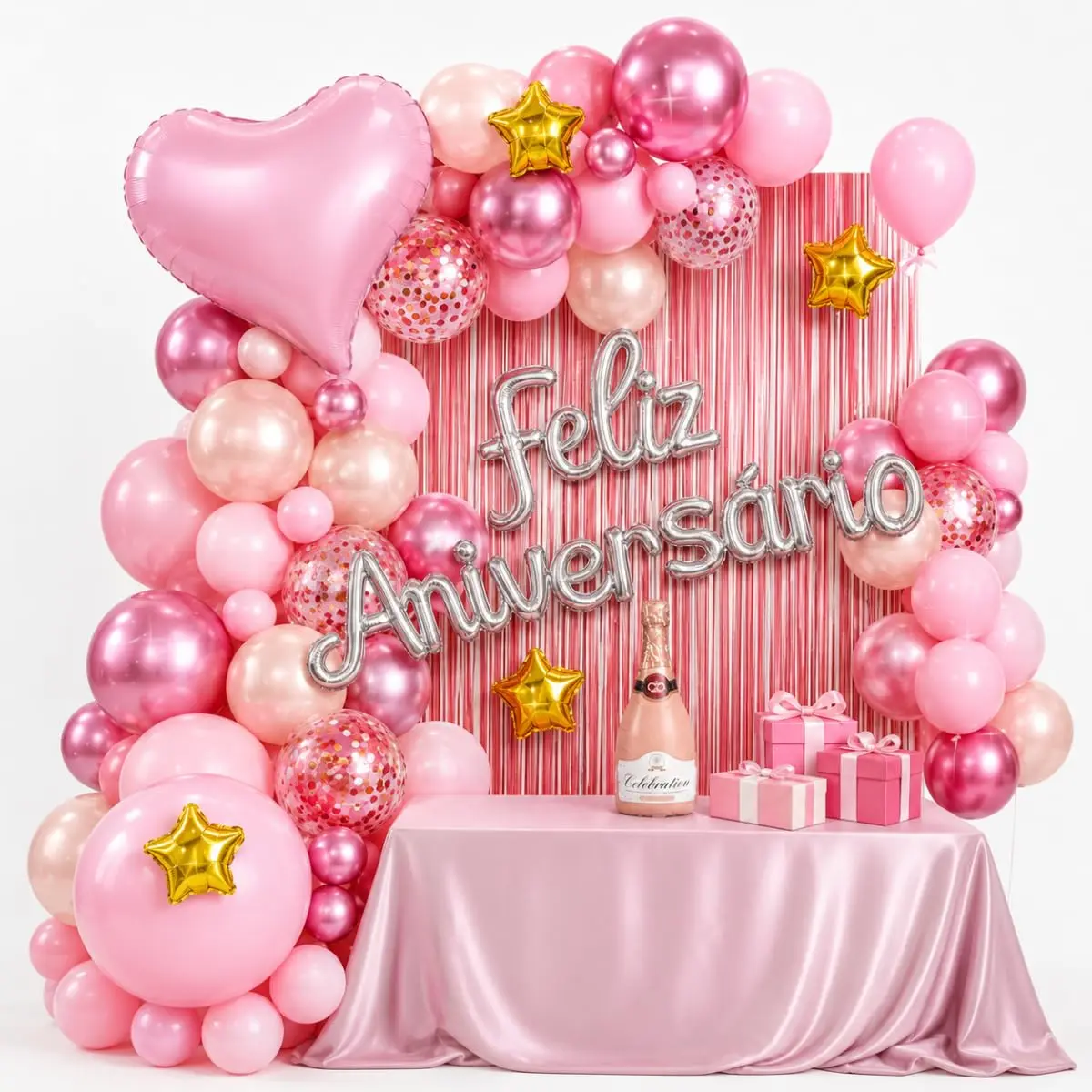 Kit Decoração Festa Aniversário Rosa com Balões e Cortina Metalizada | Montagem prática, fácil de instalar sem experiência profissional