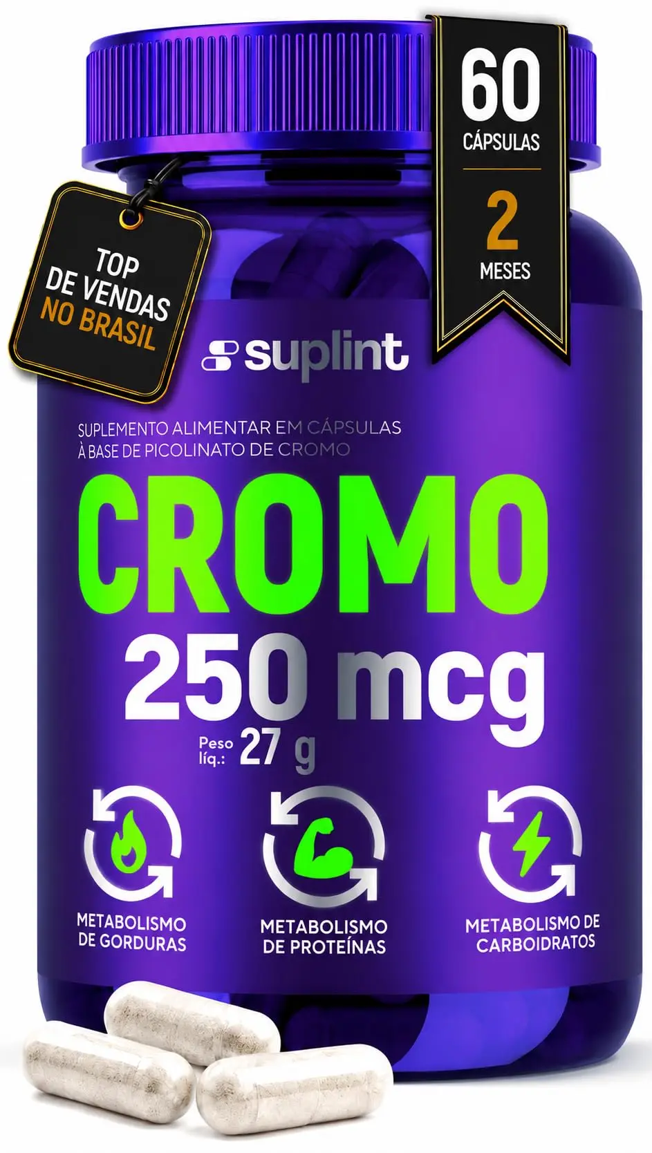 Picolinato de Cromo 250 mcg – Suplemento Mineral – Sem Glúten, Sem OGM – 60 Cápsulas