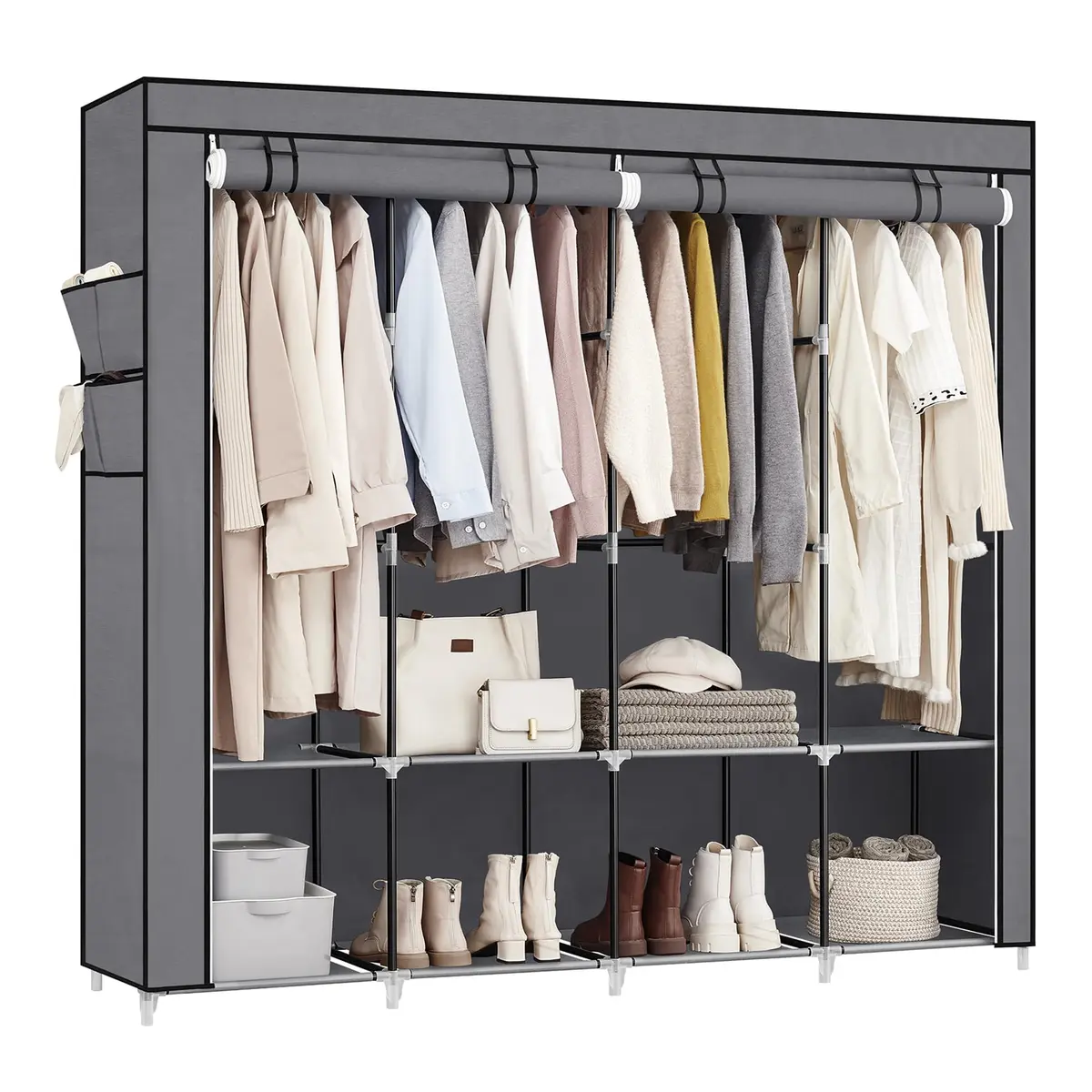 SONGMICS Guarda-Roupa Portátil, Organizador de Roupas com 4 Trilhos para Cabides, Prateleiras, 4 Bolsos Laterais, 45 x 170 x 167 cm, Grande Capacidade, Cinza BRRYG094G02