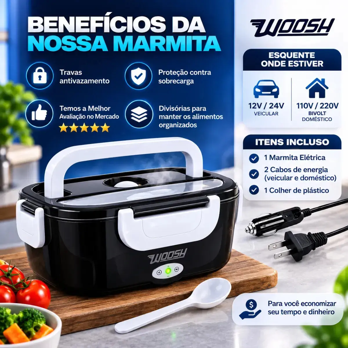 Marmita Elétrica Preta Bivolt Portátil Doméstica 110/220v Veicular 12/24v Lancheira 1.5l Com Divisórias Esquenta Rápido Refeições Práticas Trabalho Casa Carro Caminhão Viagem Faculdade Woosh thumbnail 2