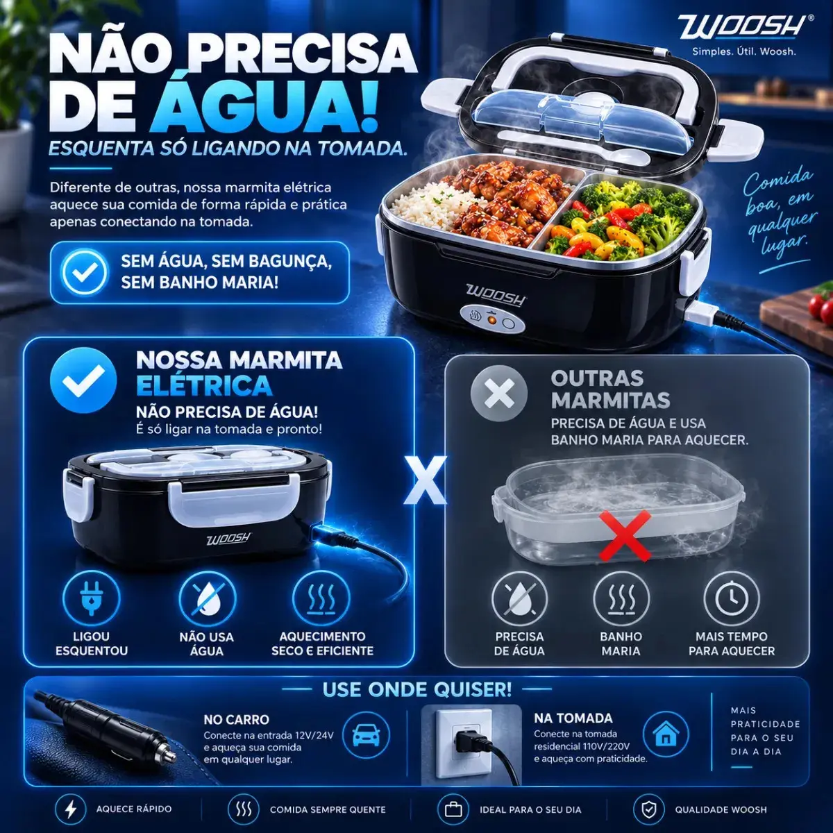 Marmita Elétrica Preta Bivolt Portátil Doméstica 110/220v Veicular 12/24v Lancheira 1.5l Com Divisórias Esquenta Rápido Refeições Práticas Trabalho Casa Carro Caminhão Viagem Faculdade Woosh thumbnail 3