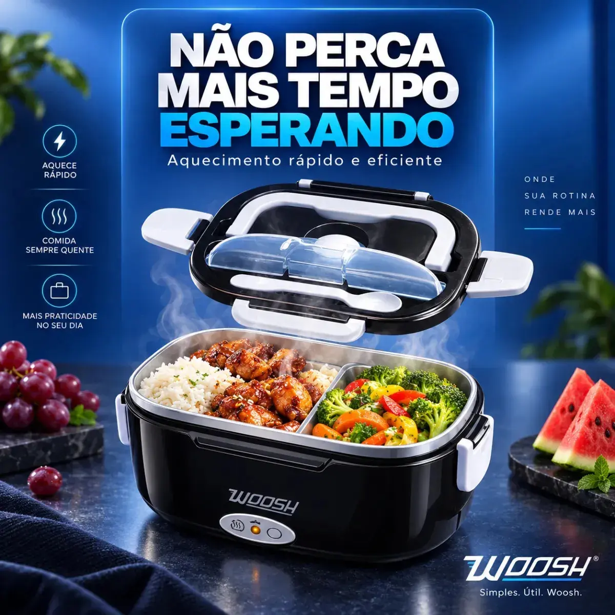 Marmita Elétrica Preta Bivolt Portátil Doméstica 110/220v Veicular 12/24v Lancheira 1.5l Com Divisórias Esquenta Rápido Refeições Práticas Trabalho Casa Carro Caminhão Viagem Faculdade Woosh thumbnail 4