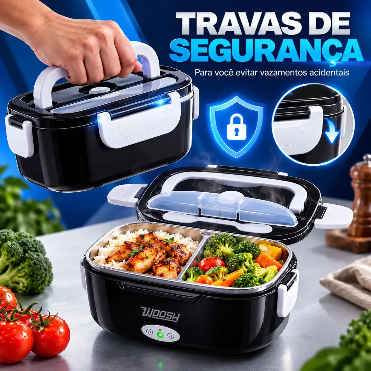 Marmita Elétrica Preta Bivolt Portátil Doméstica 110/220v Veicular 12/24v Lancheira 1.5l Com Divisórias Esquenta Rápido Refeições Práticas Trabalho Casa Carro Caminhão Viagem Faculdade Woosh thumbnail 5
