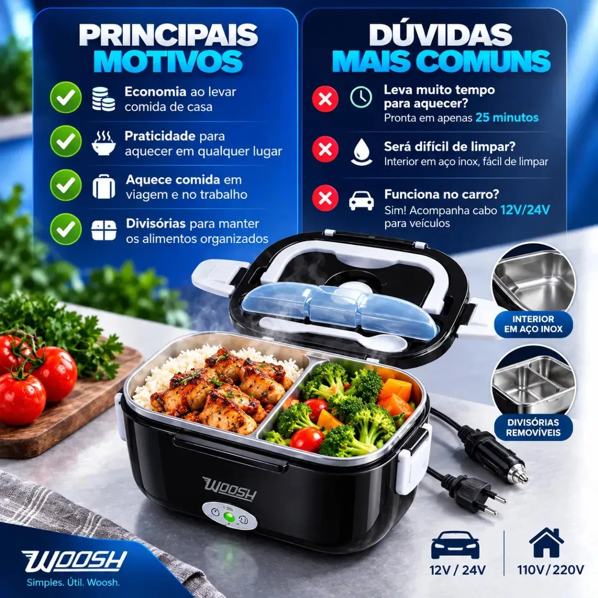 Marmita Elétrica Preta Bivolt Portátil Doméstica 110/220v Veicular 12/24v Lancheira 1.5l Com Divisórias Esquenta Rápido Refeições Práticas Trabalho Casa Carro Caminhão Viagem Faculdade Woosh thumbnail 6