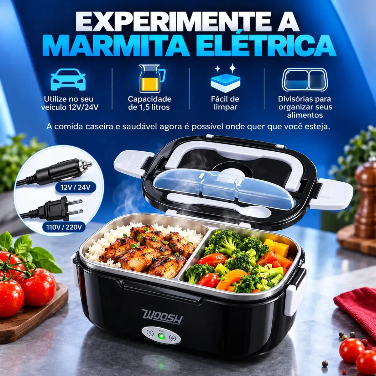 Marmita Elétrica Preta Bivolt Portátil Doméstica 110/220v Veicular 12/24v Lancheira 1.5l Com Divisórias Esquenta Rápido Refeições Práticas Trabalho Casa Carro Caminhão Viagem Faculdade Woosh thumbnail 7