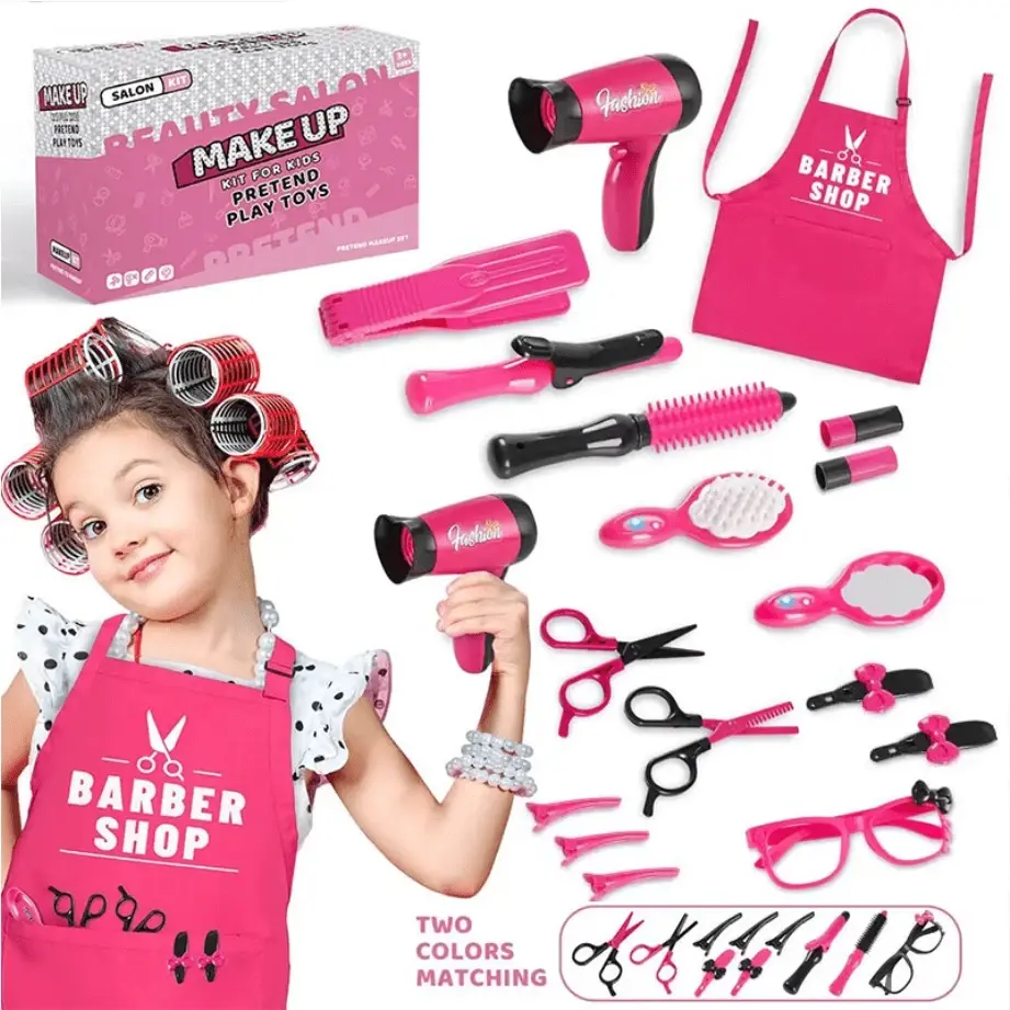 17 peças conjunto de salão de cabeleireiro para meninas, incluindo brinquedo de secador de cabelo, acessórios de estilo de capa de corte de cabelo, brinquedos para meninas