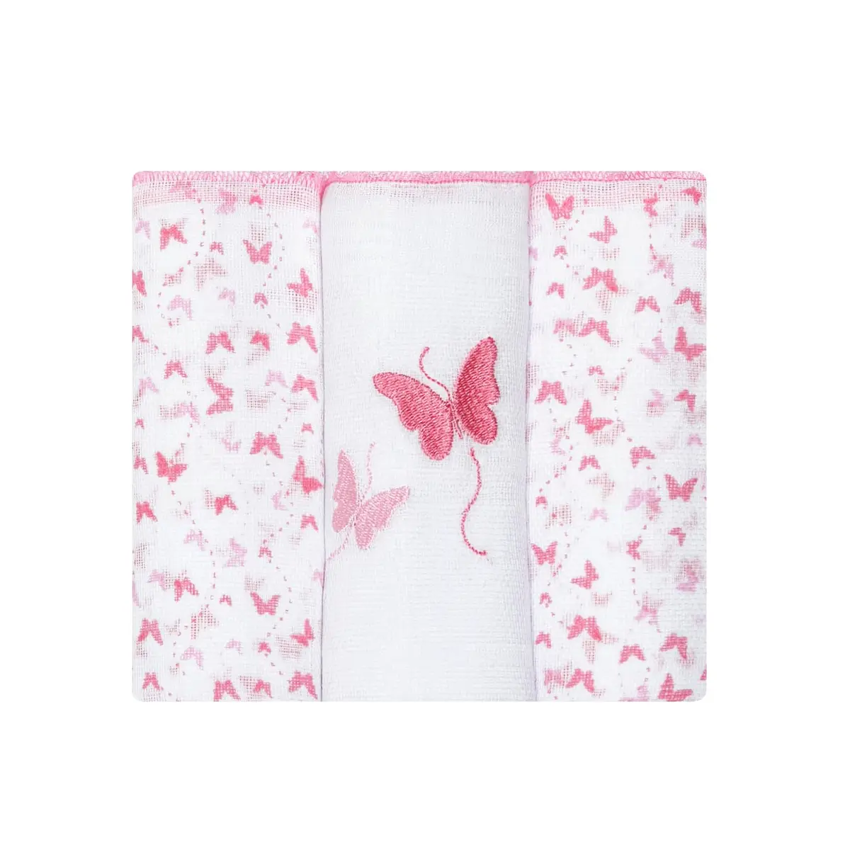 Fralda Pano de Bebê Papizinha Bordada e Estampada 63 cm x 63 cm Pacote com 3 Unidades, Borboletas