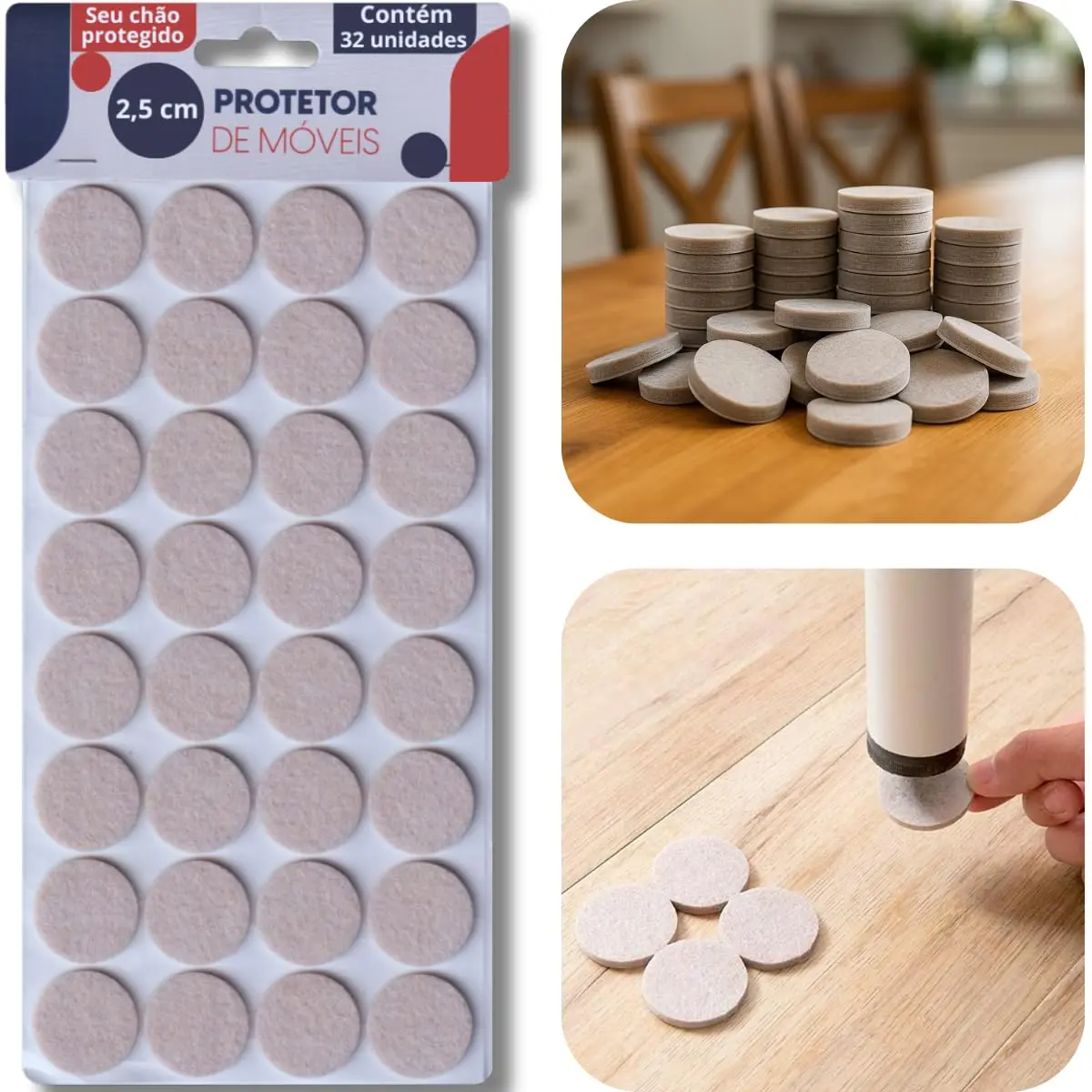 Kit 32 Feltro Adesivo Protetor para Pé de Cadeira, Sofá e Móveis Pesados Proteção e Durabilidade Ideal, Antideslizante Redondo