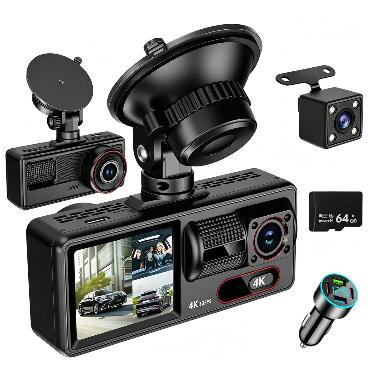 Câmera para Carros 1080P, Dashcam Frente e Traseira, Câmera Veicular Sistema 3 Canais (Frente, Traseira e Interna) com Cartão de 64GB, Gravação em Loop, Visão Noturna, Monitoramento 24h e G-Sensor
