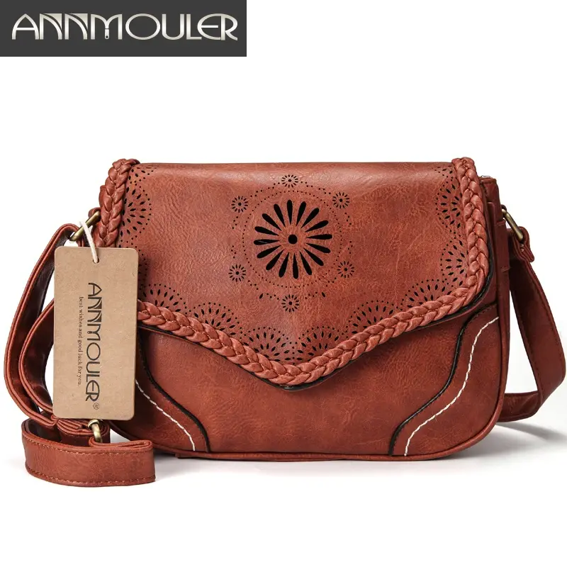 Annmouler marca feminina bolsa de ombro vintage couro do plutônio crossbody saco oco para fora senhoras bolsa marrom retro bolsa para meninas