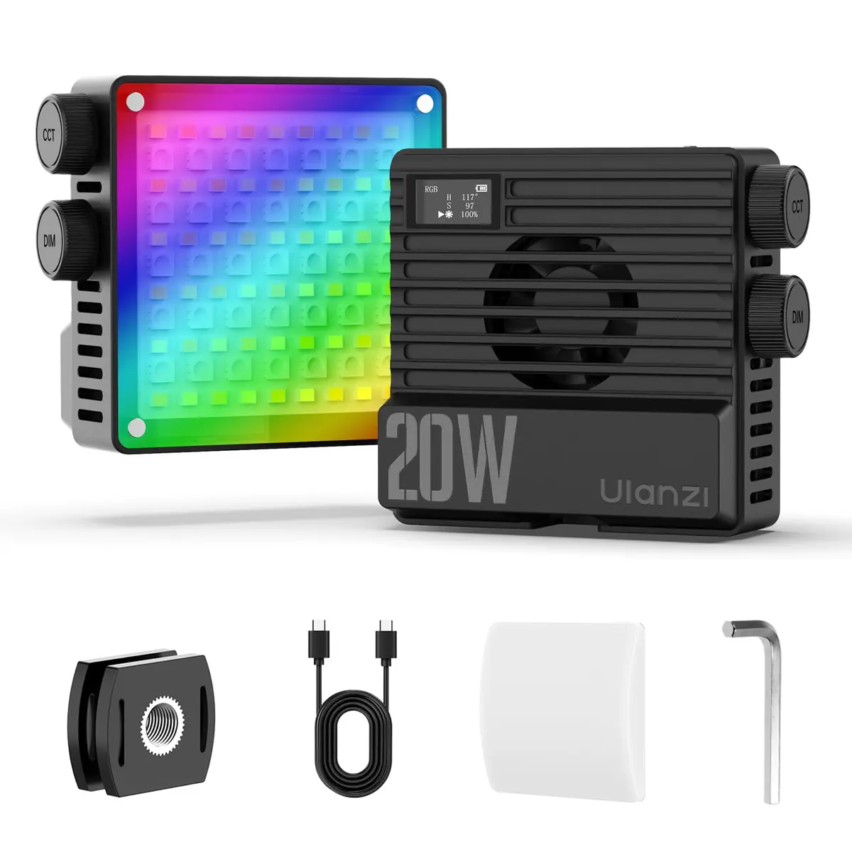 ULANZI LE20 Luz de Vídeo RGB, 20W Iluminação LED Portátil, 2500-9000K CRI 95+, 20 Cenas, 360° Cores, 5000mAh Recarregável
