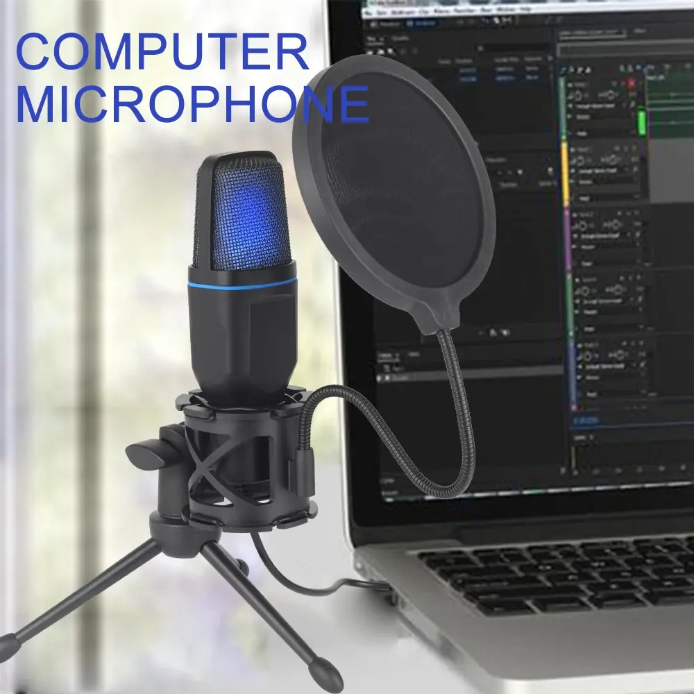 Microfone RGB com Fio USB para Podcast, Condensador, Wire Gaming Mic, Gravação, Streaming de Estúdio, Laptop, Desktop, PC