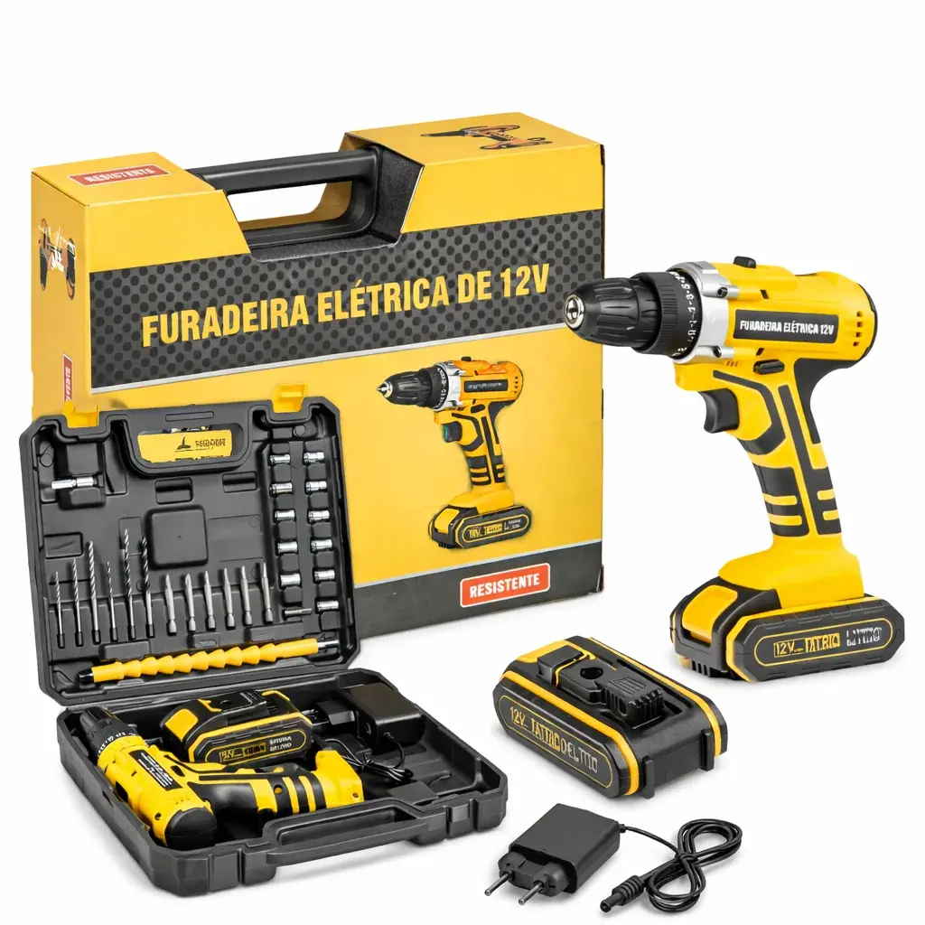 Furadeira/Parafusadeira Elétrica Sem Fio 12V, 25Nm, 2 Velocidades, Mandril de 3/8”, Bateria Li-ion 2000mAh, Kit com 24 Acessórios