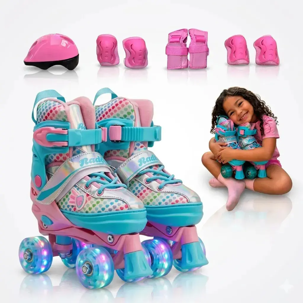 Roller Patins Infantil Quad 4 Rodas Com Led + Kit D Proteção Cor Coração Azul Com Rosa Tamanho Das Rodas 5.5 Mm Tamanho Dos Patins 36 Ao 39 - 1