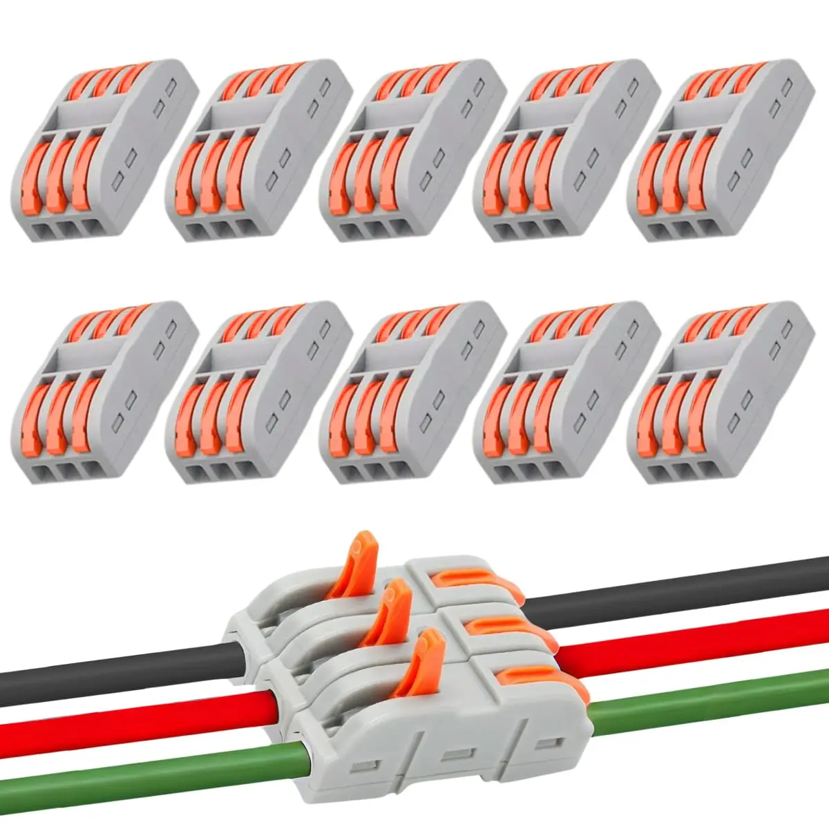 Kit 10 Conectores De Fio Rápido Emenda Click Alavanca Isolante 1, 2 ou 3 vias (3 Vias) - 1