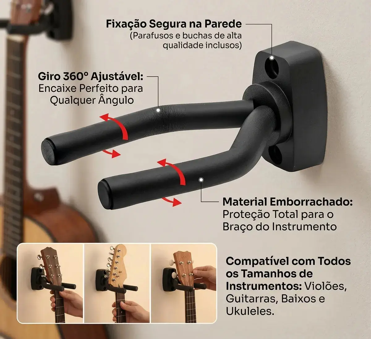 Suporte De Parede Para Instrumento De Corda Violão Guitarra Violino Baixo Ukulele Acolchoado Seguro Robusto Com Parafusos Organização thumbnail 2
