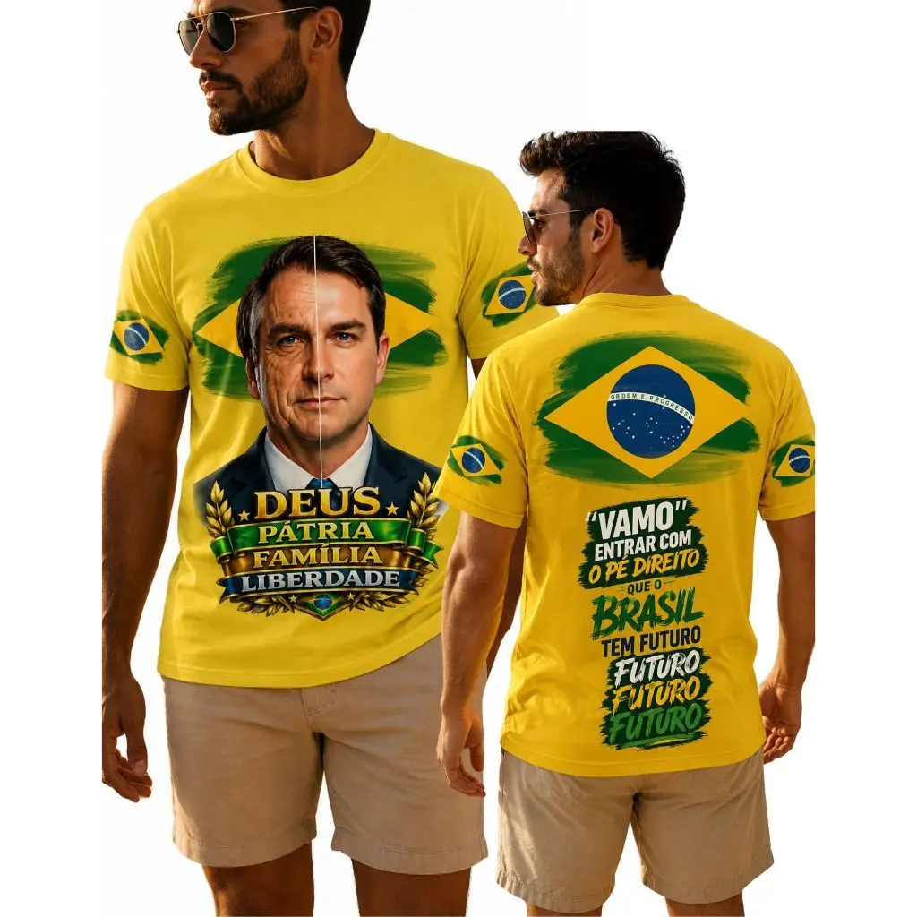 Camisa Flávio Bolsonaro Brasil Amarela – Deus, Pátria, Família & Liberdade - 100% Algodão Envio Rápido