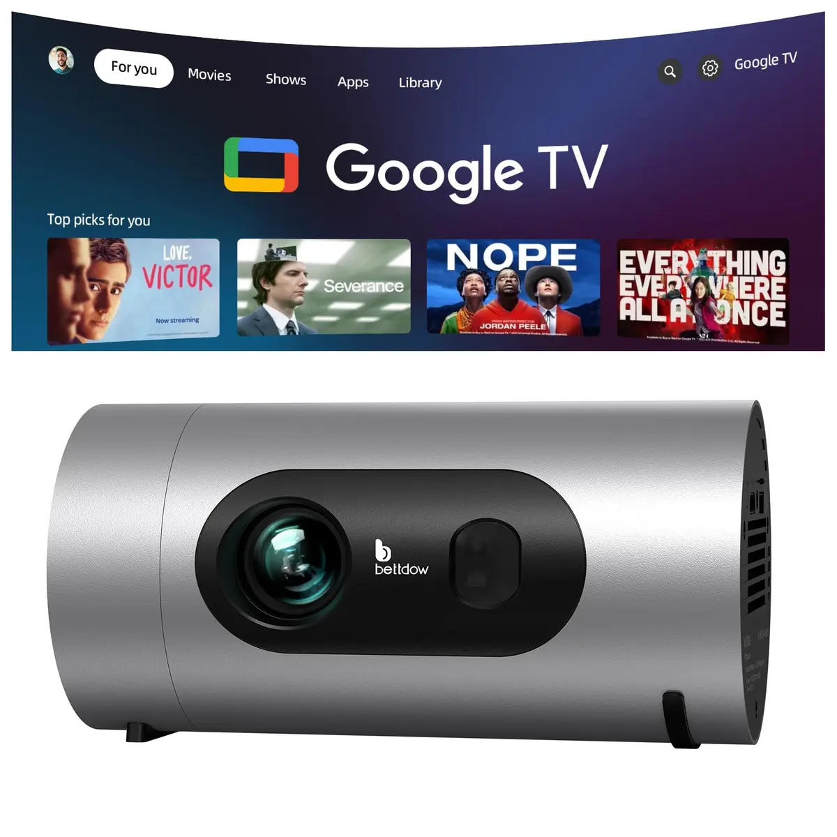Projetor Bettdow AC1093pro, support Full HD 1080p, Google TV Bluetooth | Projetor Portatil 10000 Lúmens, Wi-Fi, Automático Keystone, Carregamento Tipo C