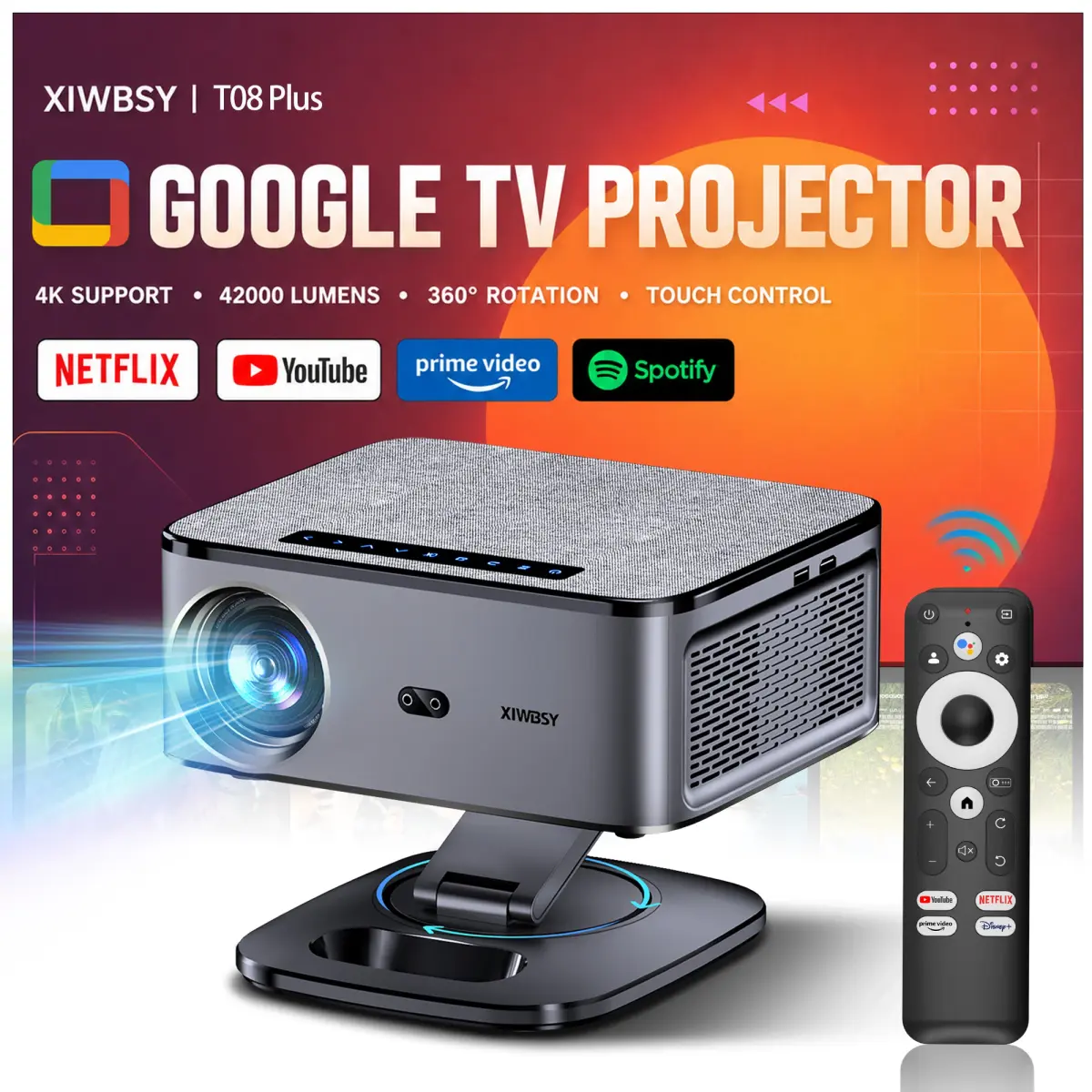 Projetor Portátil 4K UHD XIWBSY 2026 42000 Lumens Projetor de Filmes Google TV BT5.4 WiFi6 Android TV 14.0 Projetor Inteligente para Casa - 1