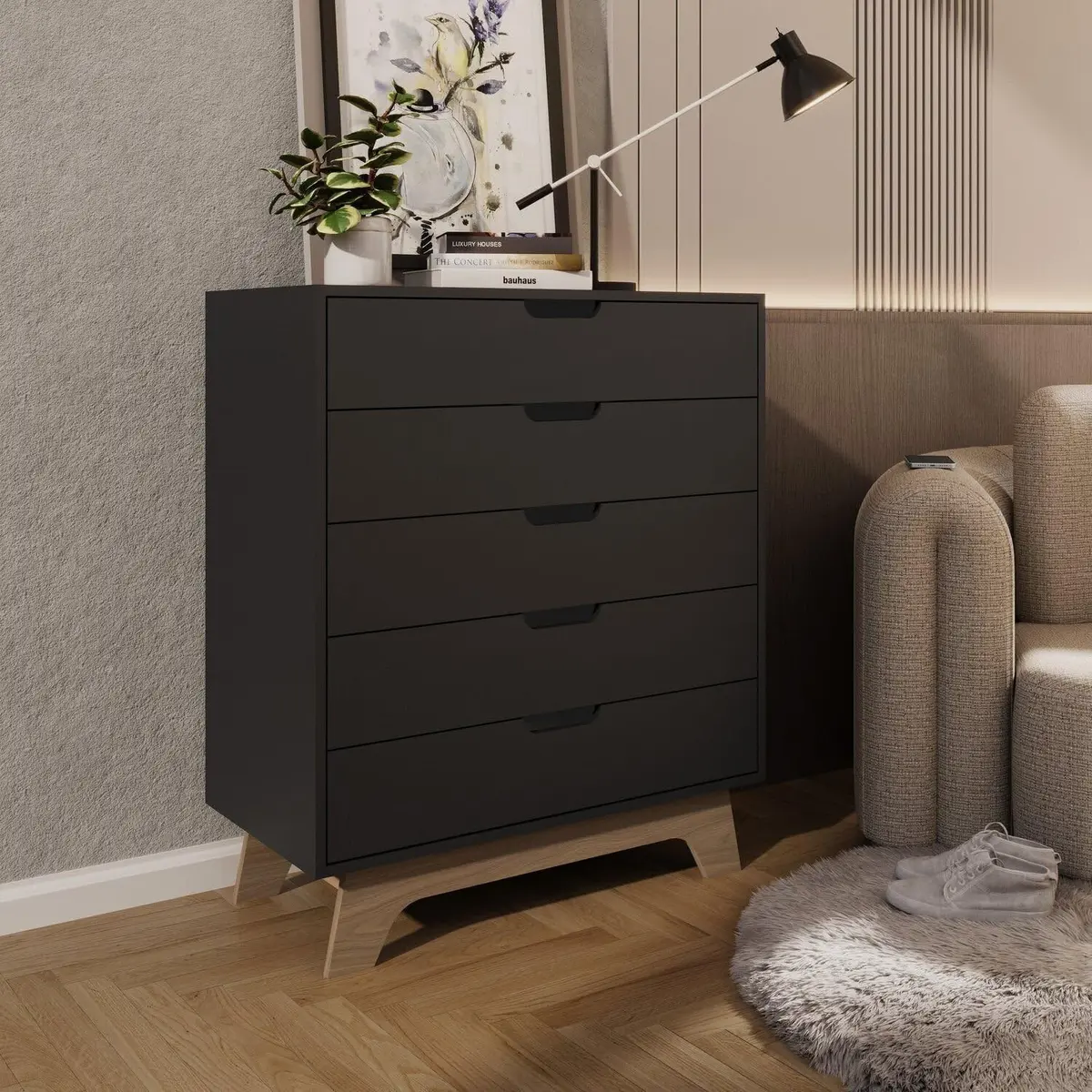 Cômoda para Quarto 5 Gavetas MDF Alice Yescasa Preto/Louro Freijó