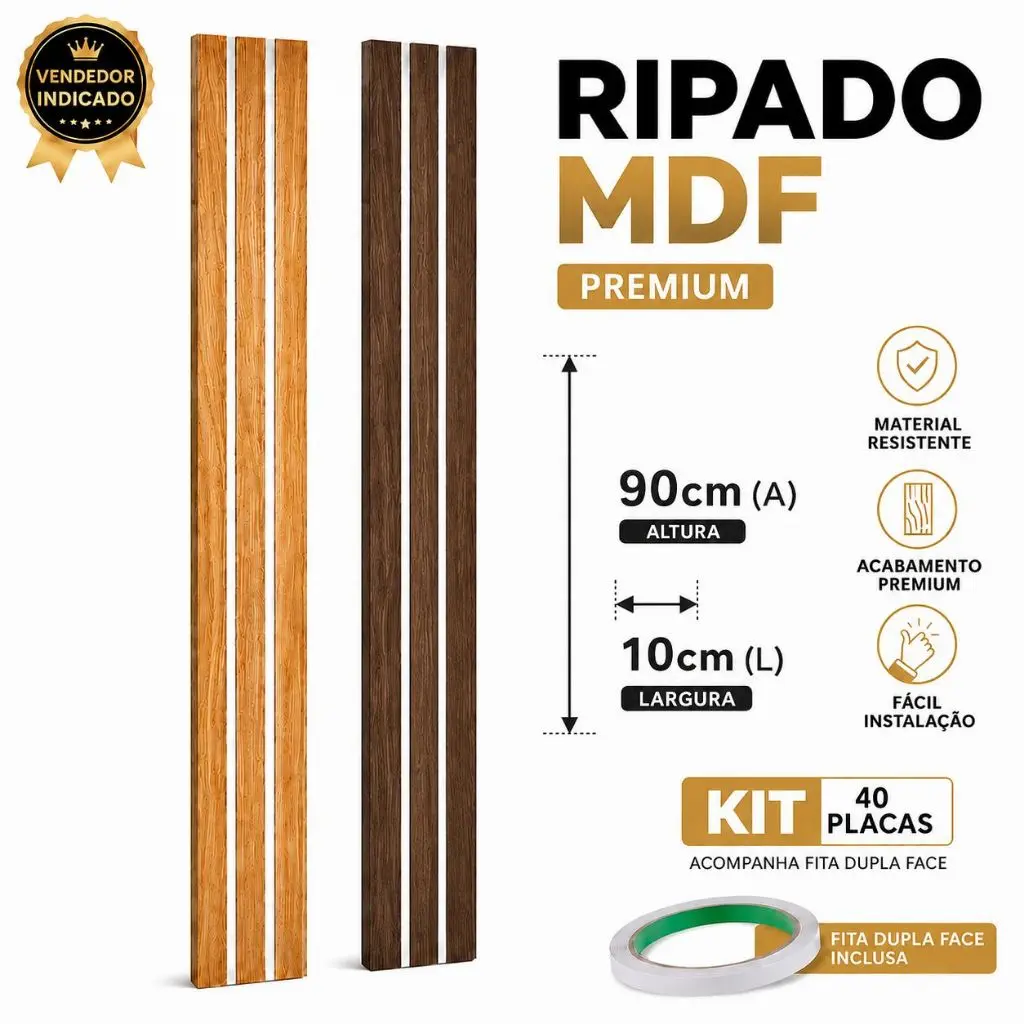 KIT Até 40 Ripado Grande 90X10CM Placas Decorativas Para Parede Painel Ripado MDF - 1