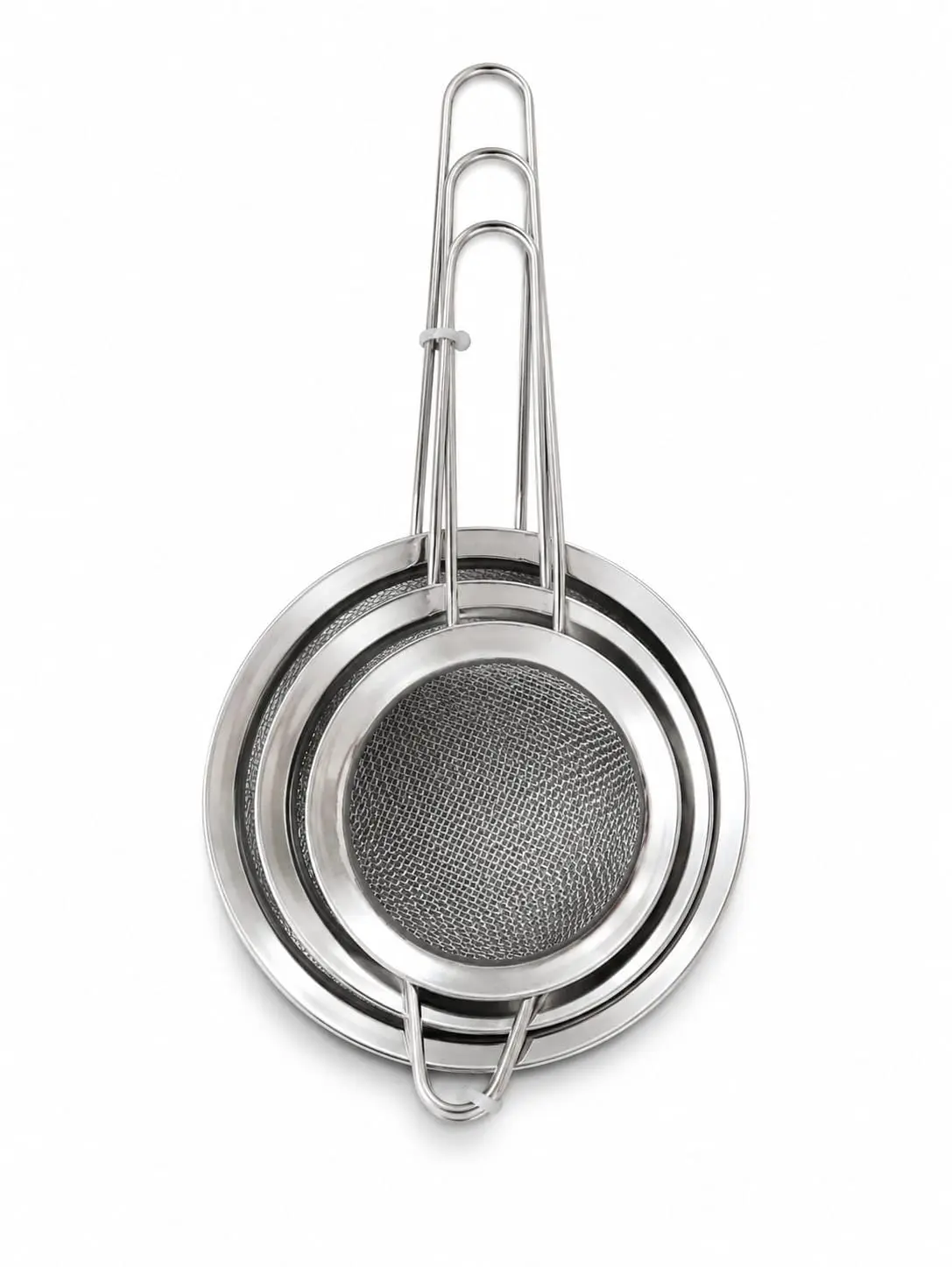 Kit 3 Peneiras de Inox, Malha Fina, Cabo Longo, Tamanhos Pequena, Média e Grande, Ideal para Cozinha