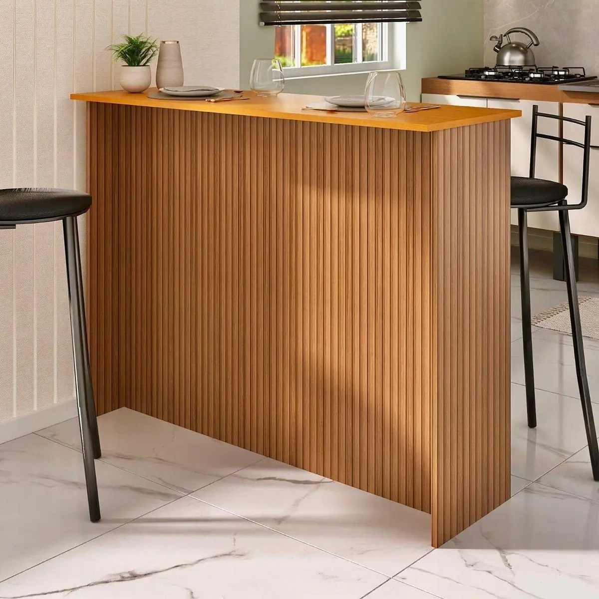 Bancada Ripada Lisa 120cm para 2 ou 4 Pessoas Mesa Alta Cozinha Sala Realeza Freijó