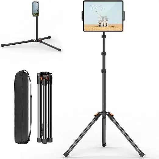 182cm Suporte Tripé Piso para Tablet Celular,Tripe para iPad/Telefone Preto | Suporte para Notebook,Cabeça Bola Giratória 360°,Bolsa Viagem,Tripe para Celular Dobrável para Viagem/Visualização/Vlogging
