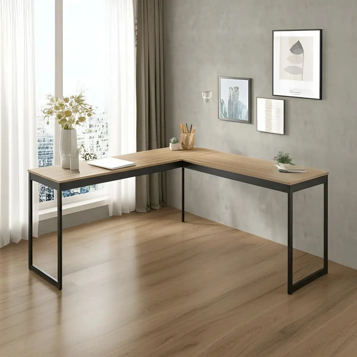 Mesa Em L Industrial Escrivaninha De Canto Nórdico Vintage Ferro E Madeira Laminado Com Preto E-led Meslmagn E-led Brasil 150x74x45 - 1